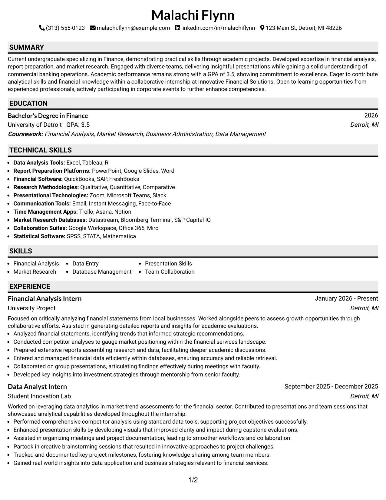 Resume Example Page 1