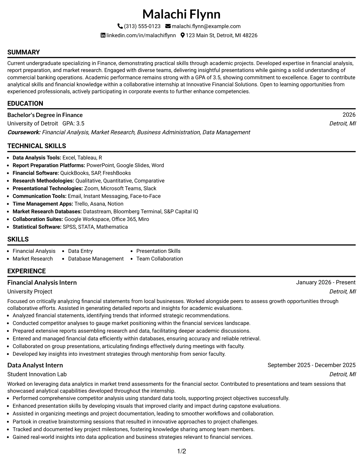 Resume Example Page 1