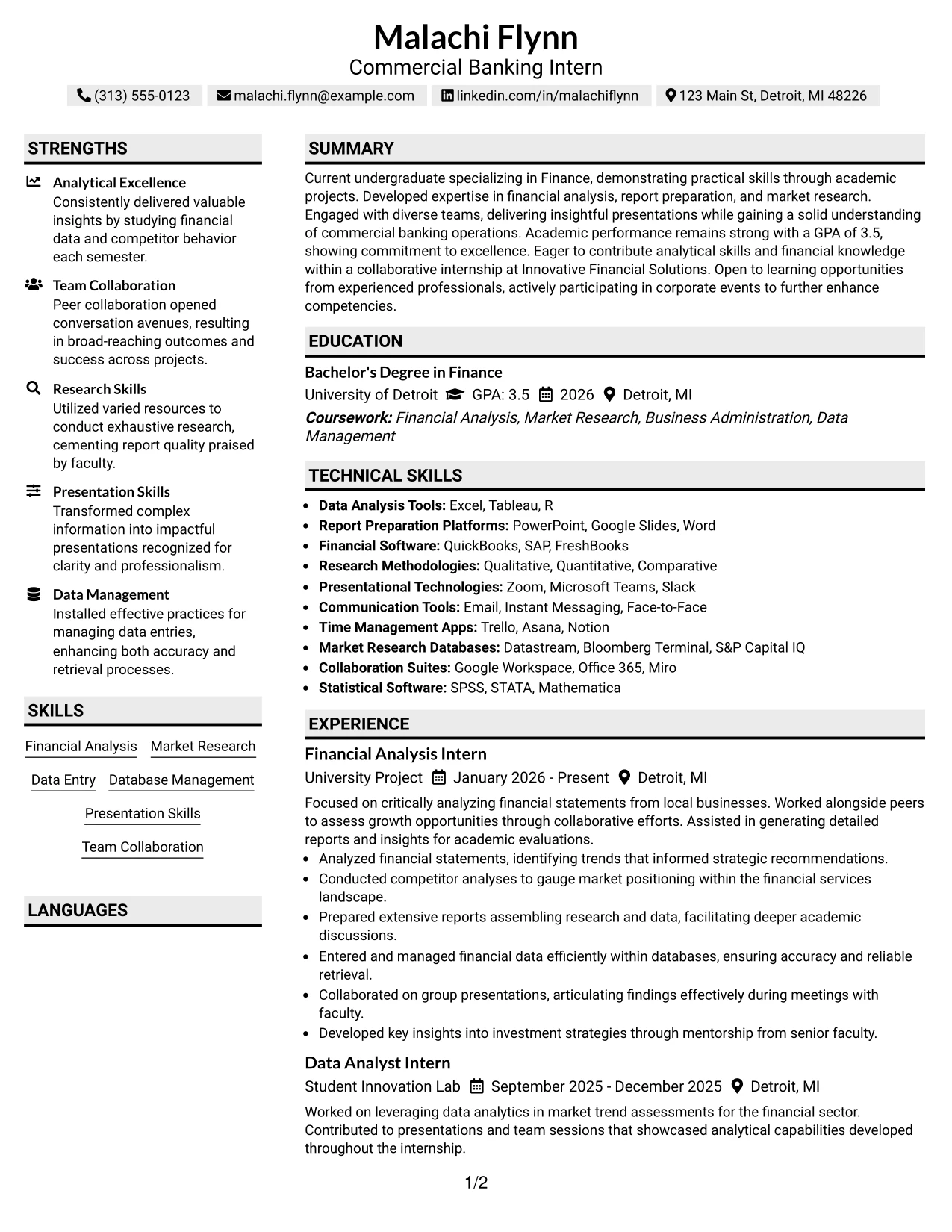 Resume Example Page 1