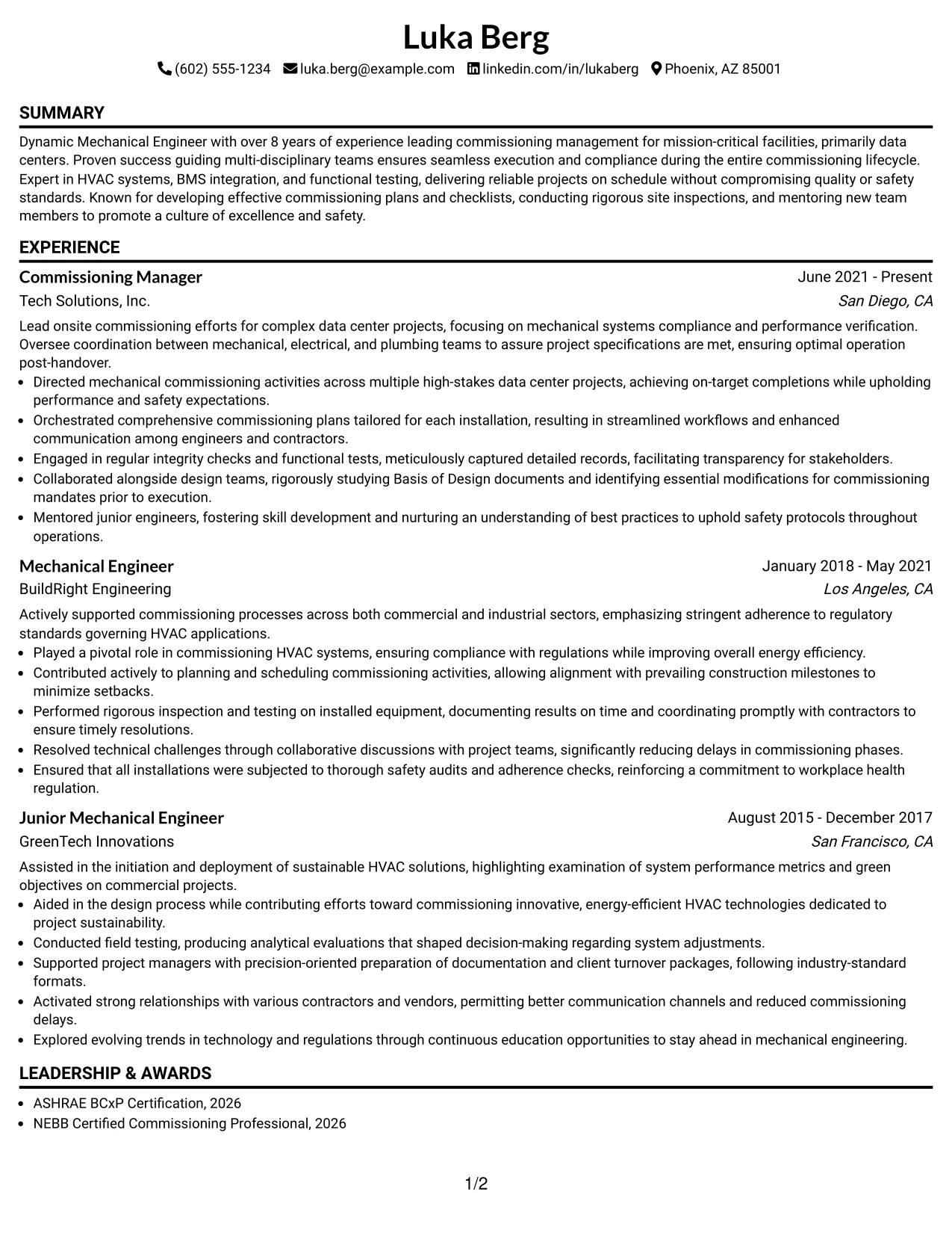 Resume Example Page 1