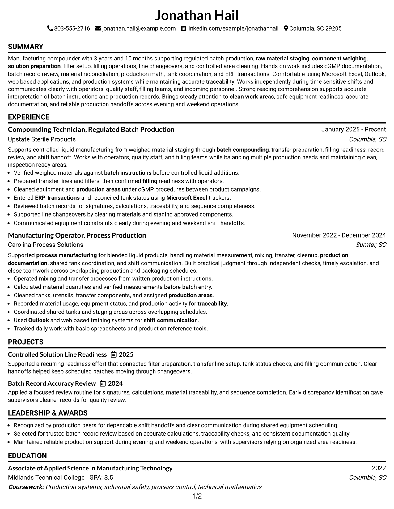 Resume Example Page 1