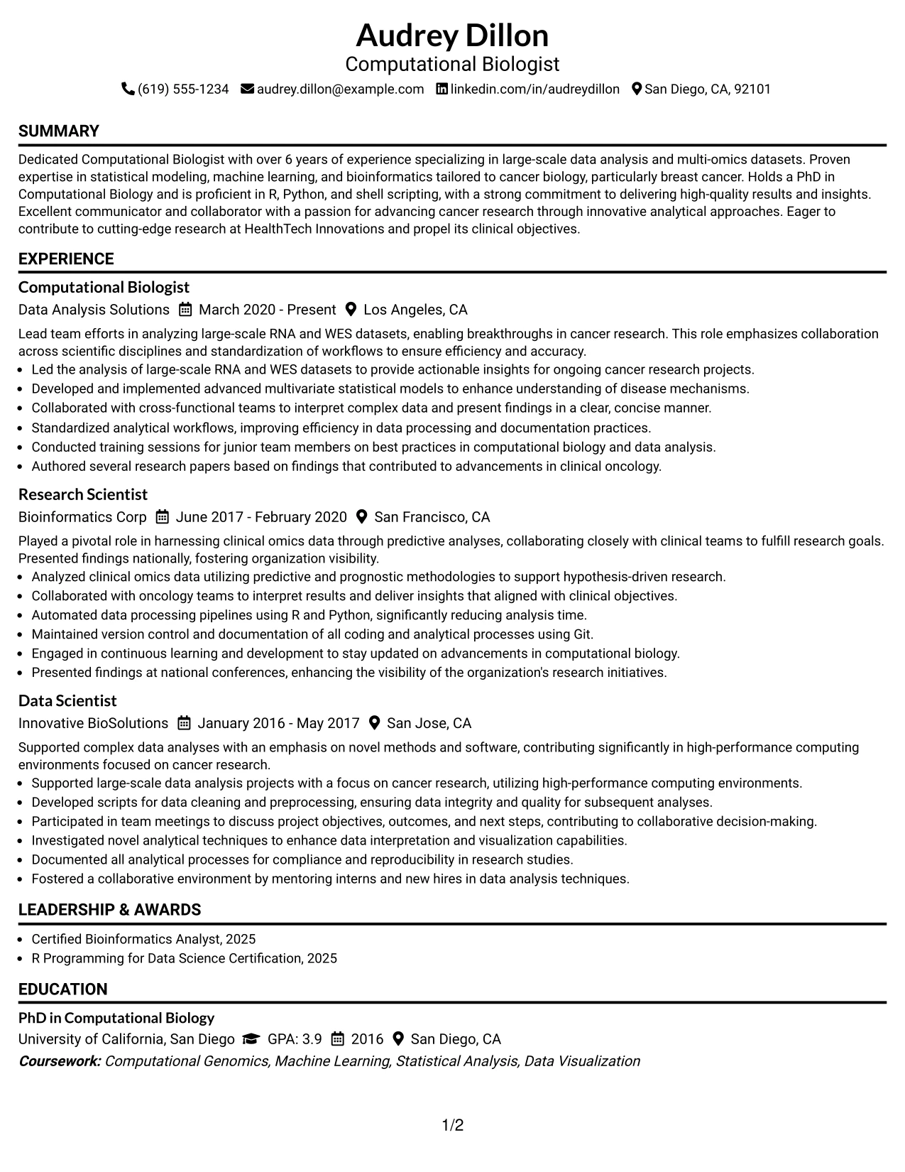 Resume Example Page 1