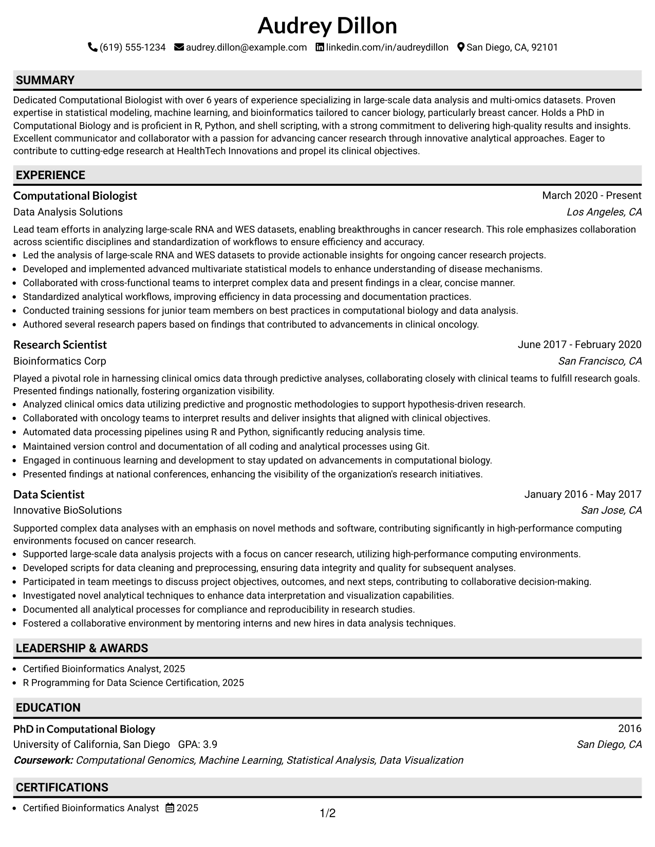 Resume Example Page 1