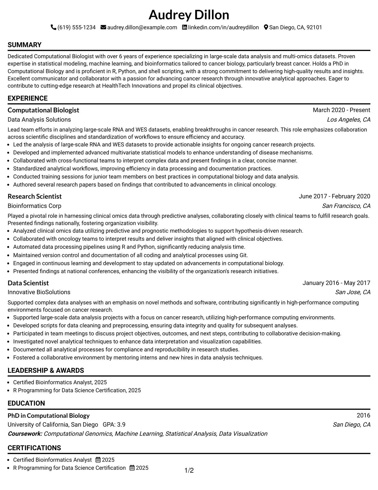 Resume Example Page 1