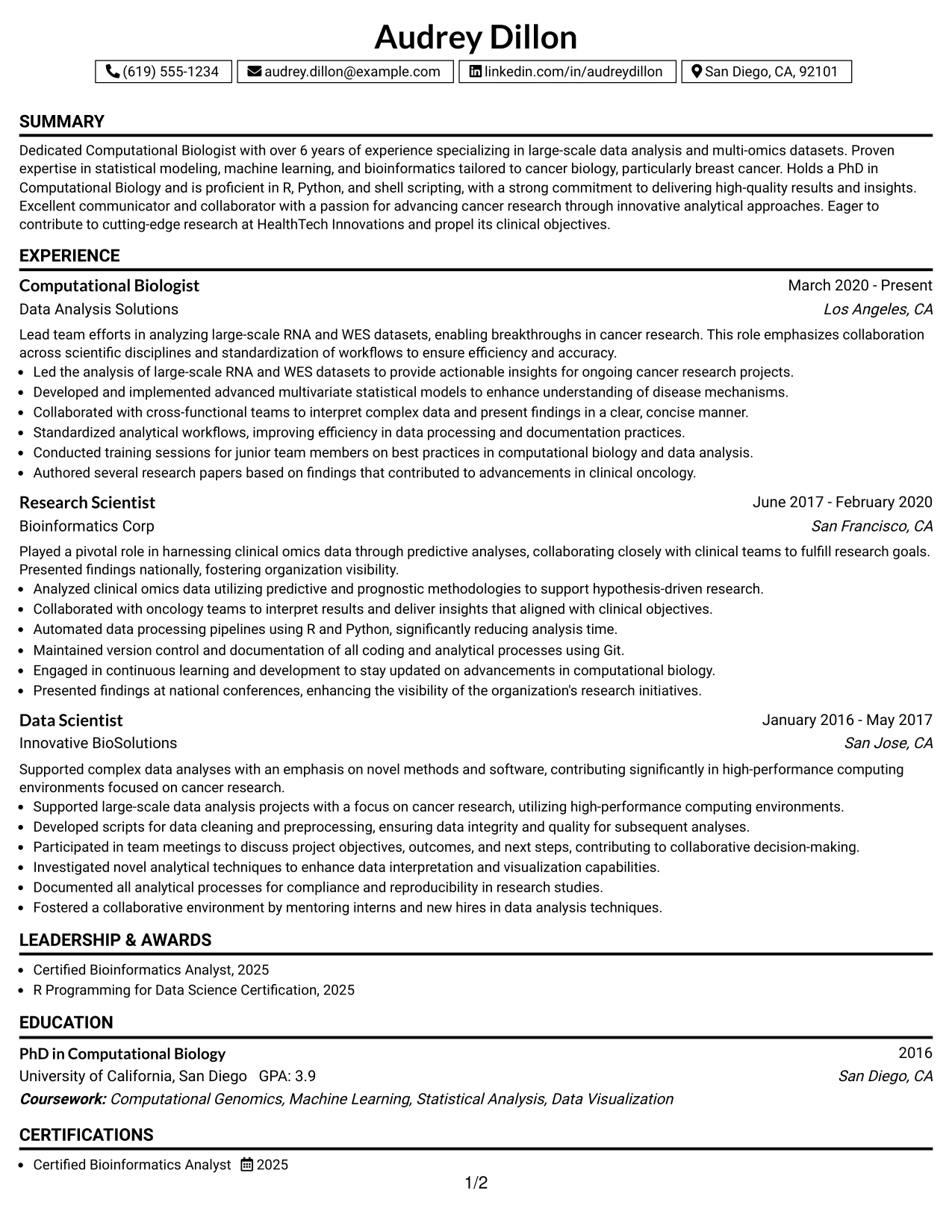 Resume Example Page 1