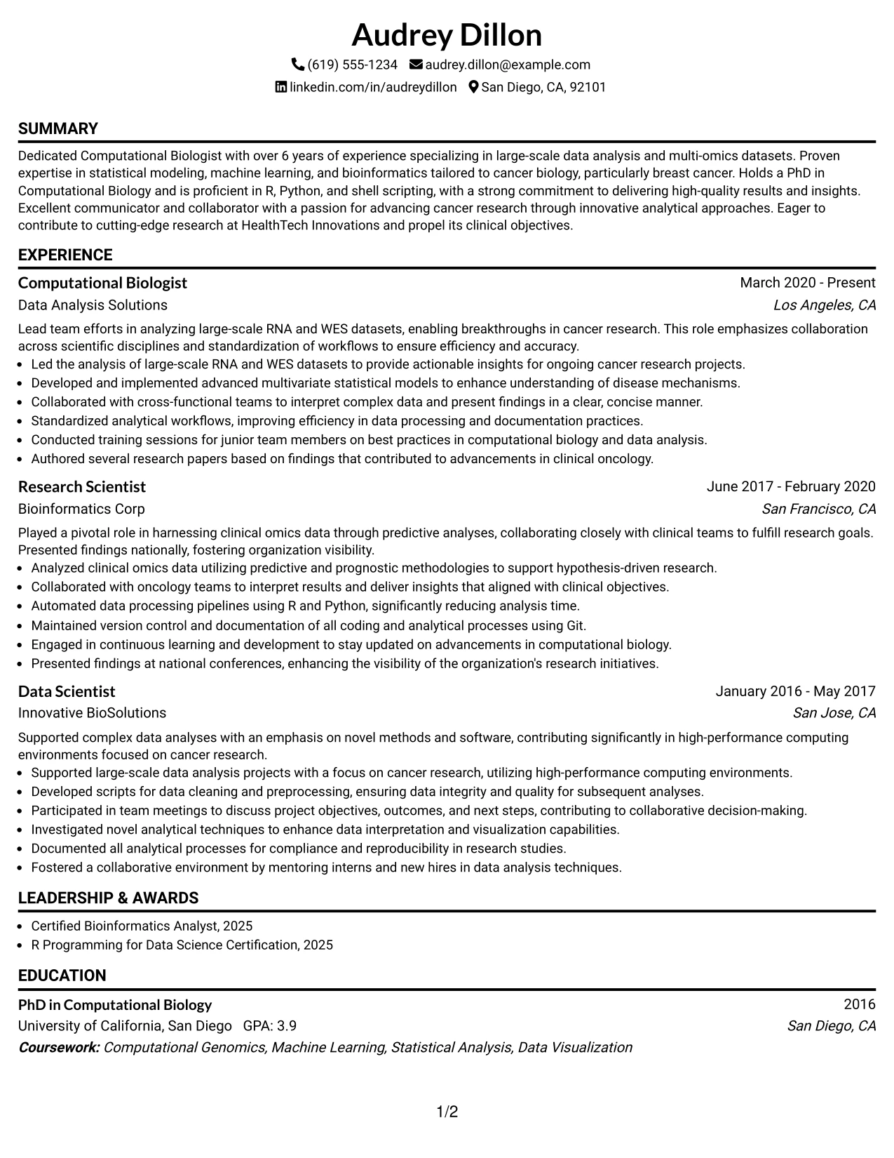 Resume Example Page 1
