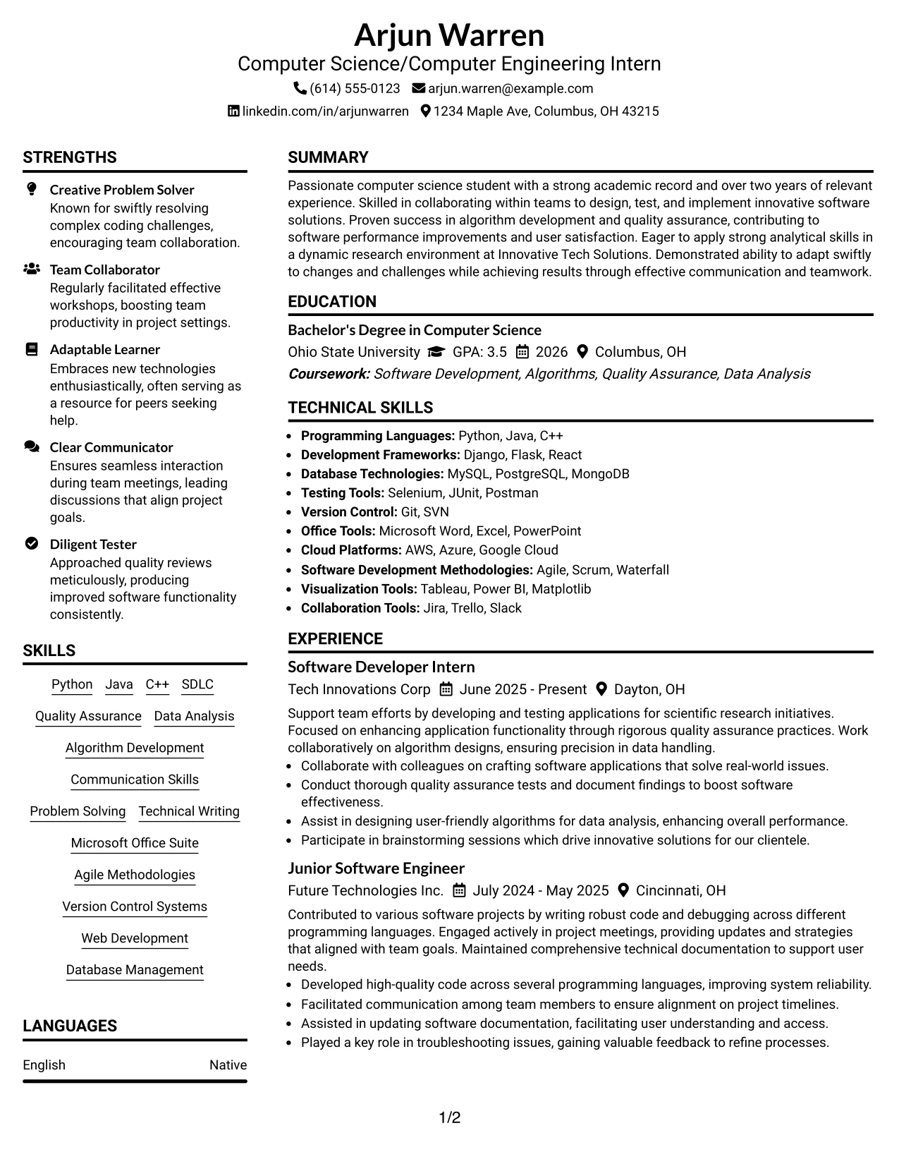 Resume Example Page 1