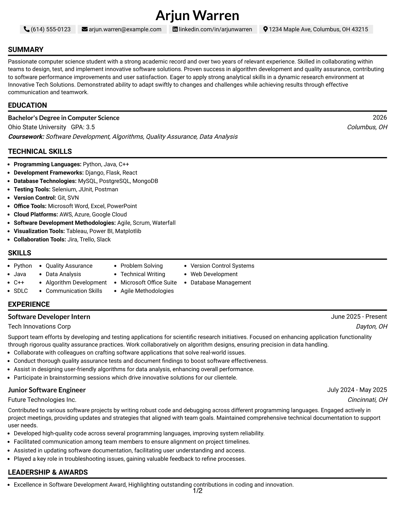 Resume Example Page 1