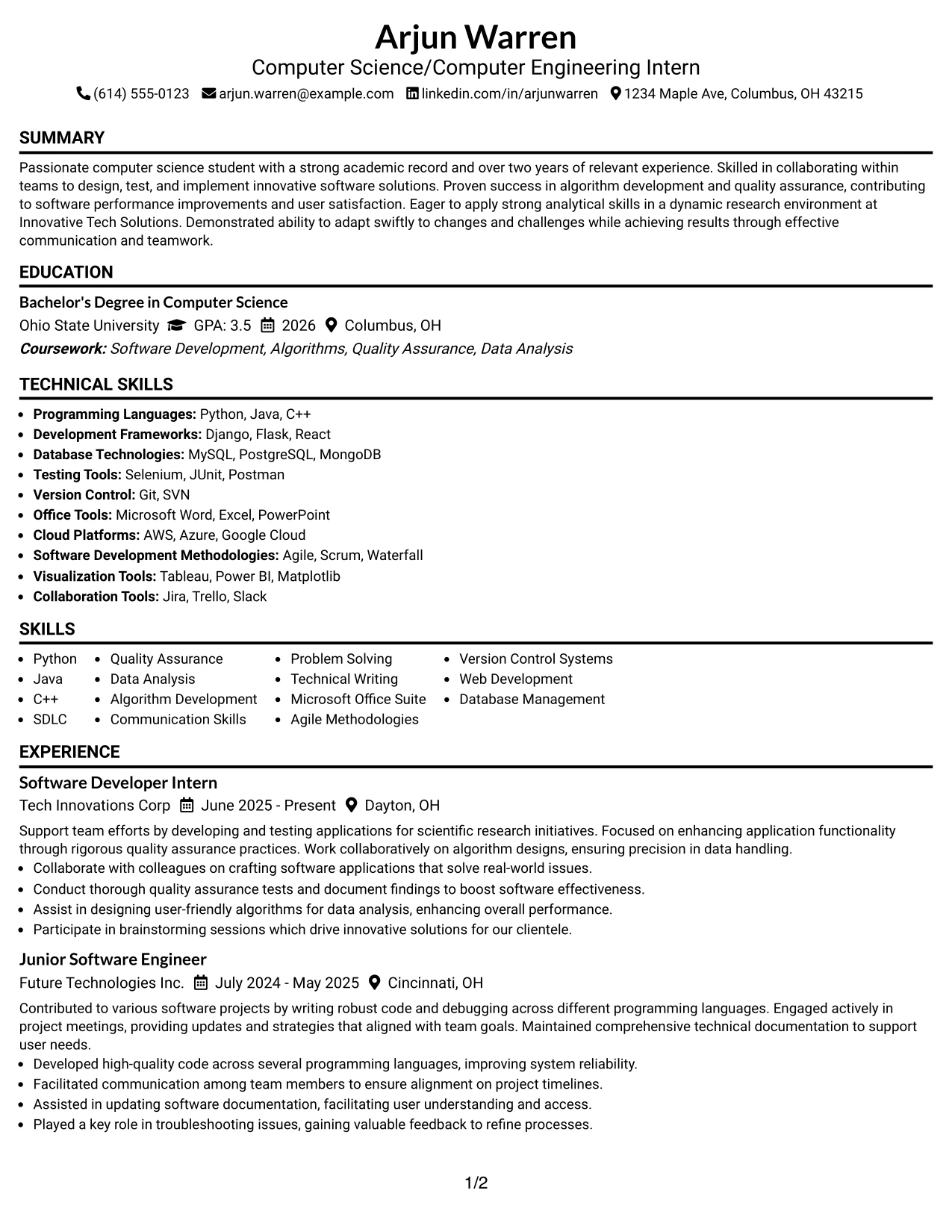 Resume Example Page 1