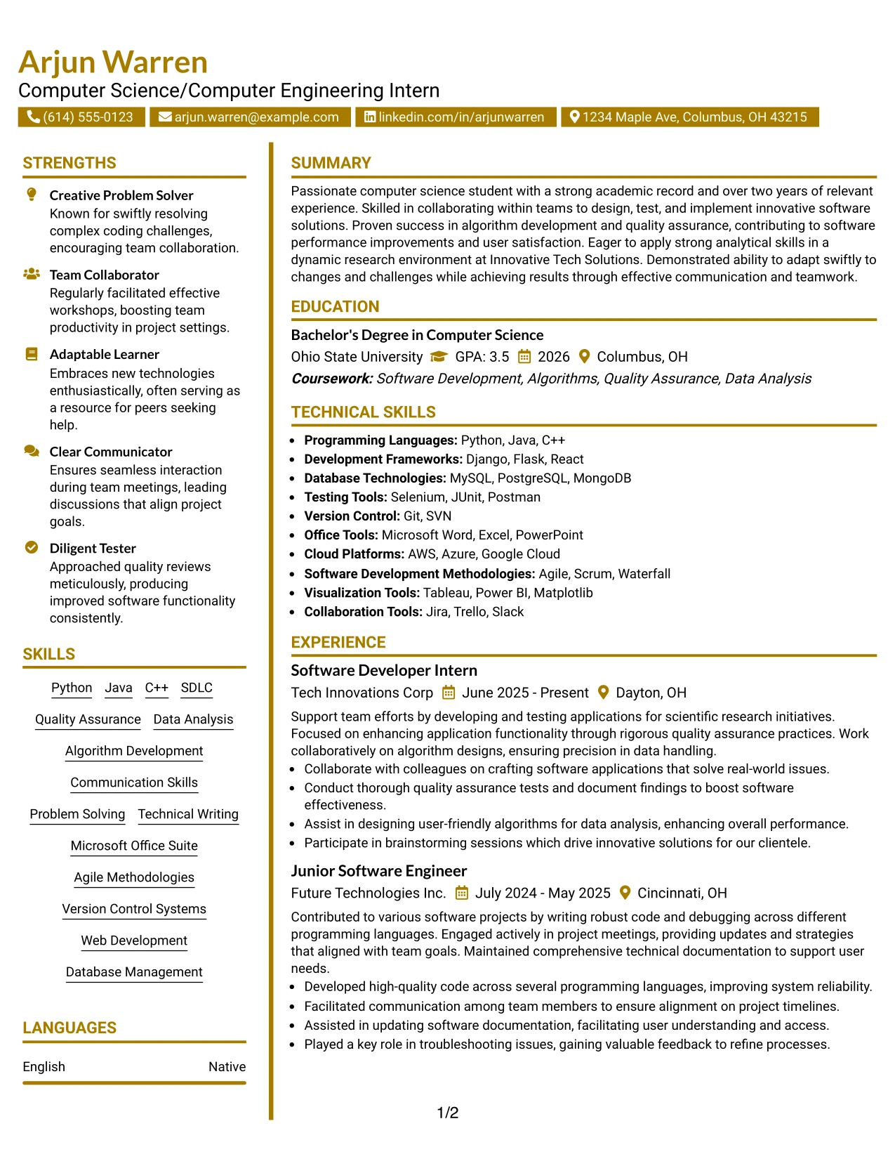 Resume Example Page 1
