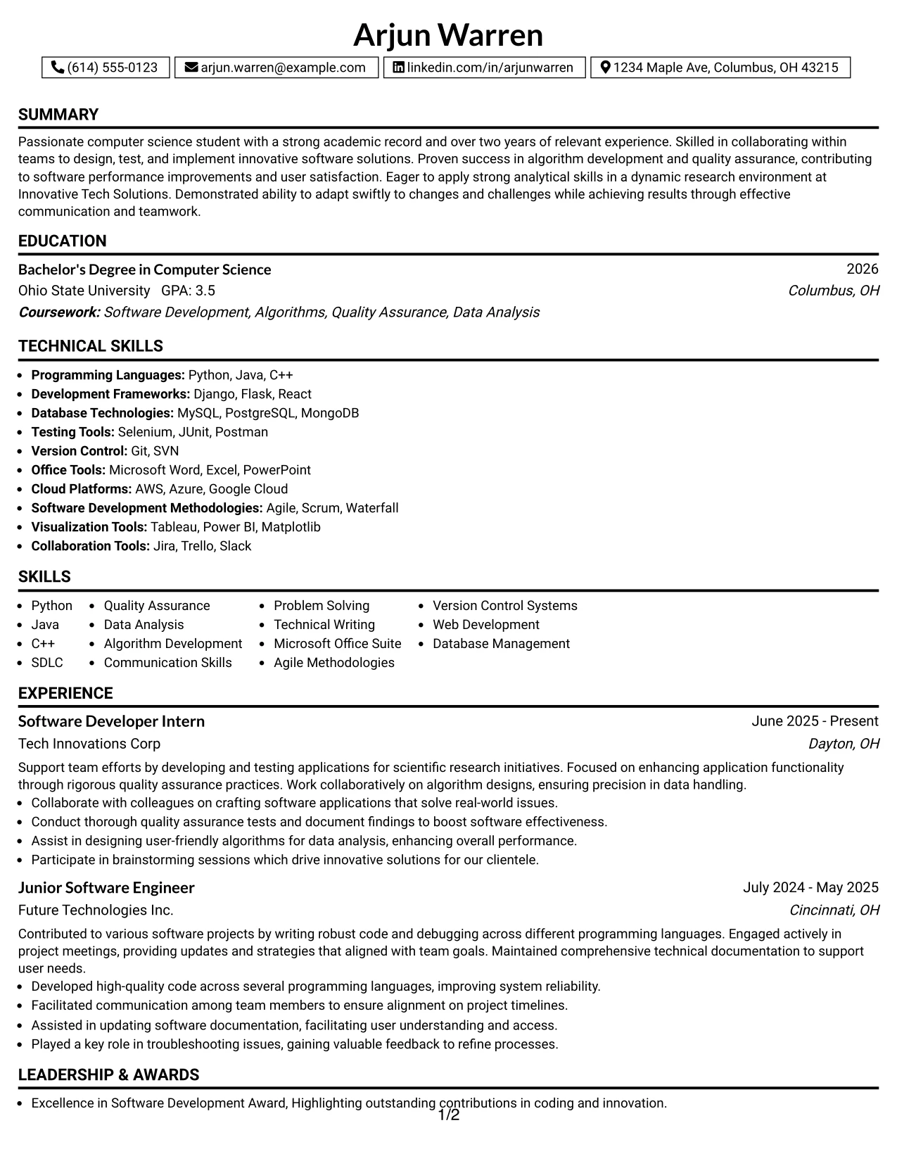 Resume Example Page 1