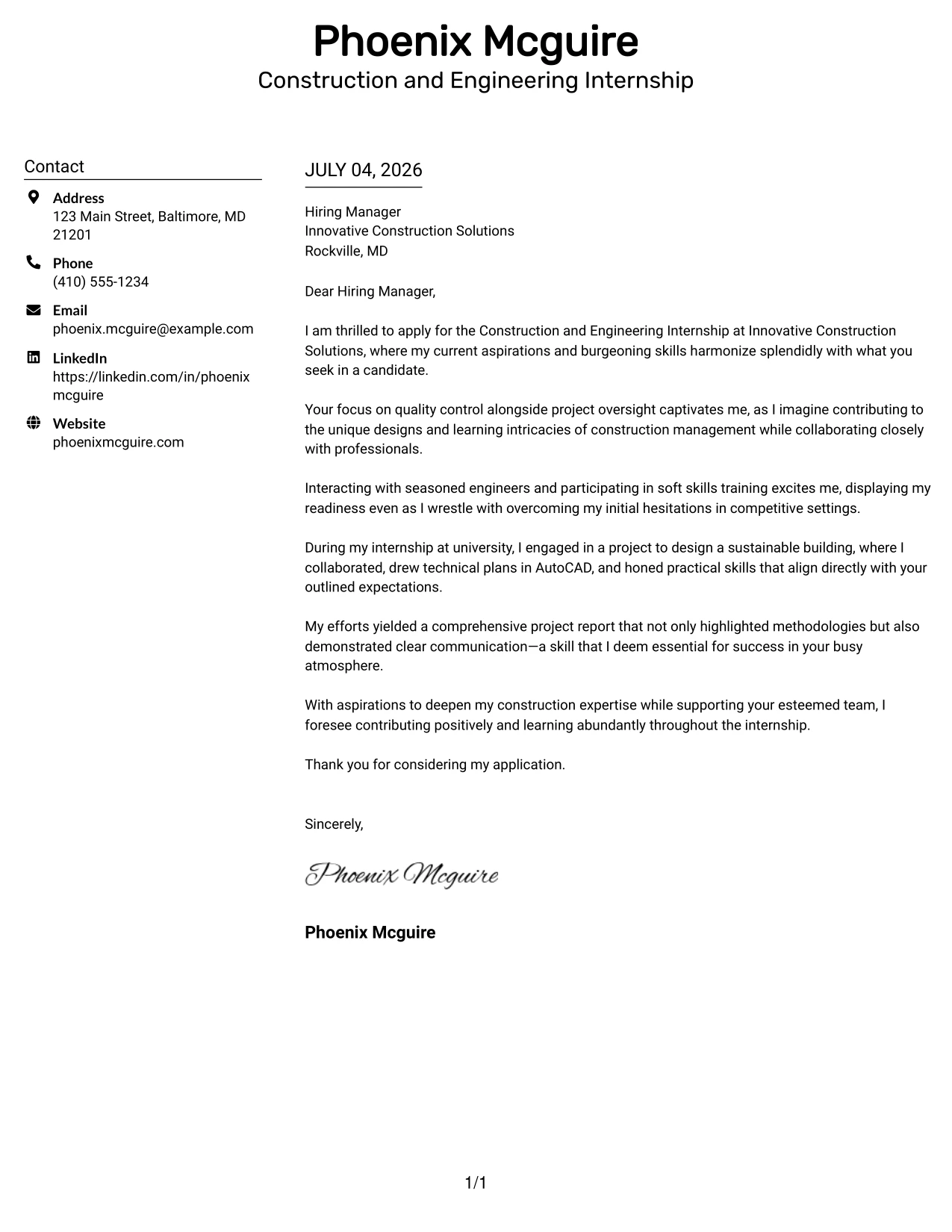 Resume Example Page 1