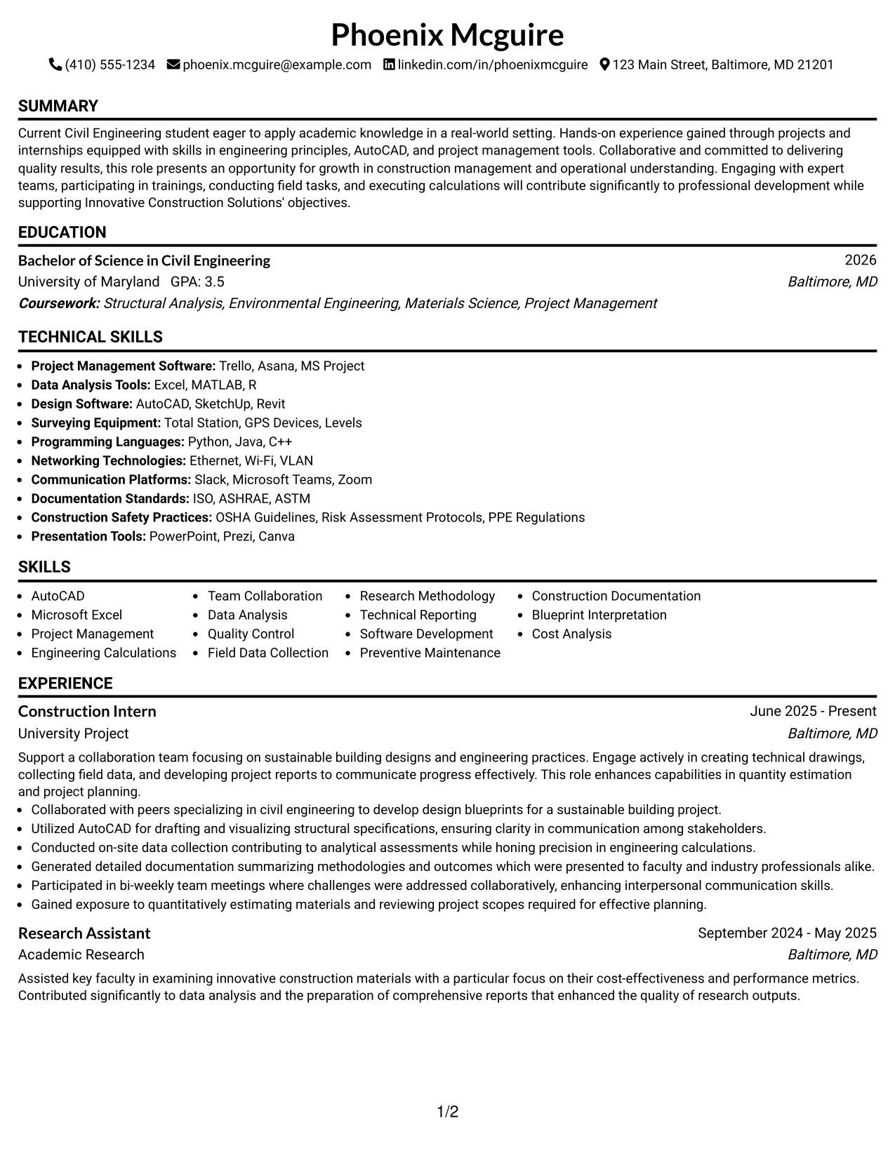 Resume Example Page 1