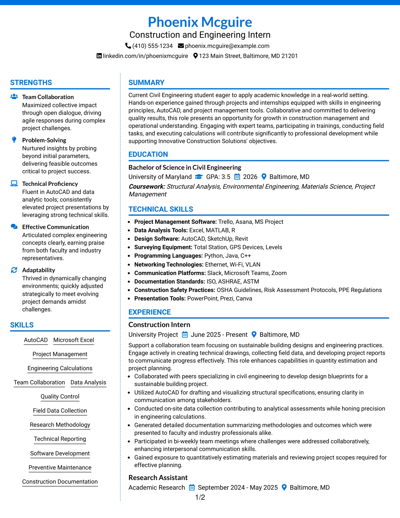 Resume Example Page 1