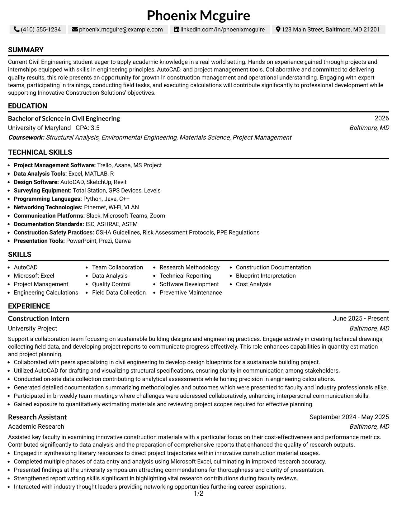 Resume Example Page 1