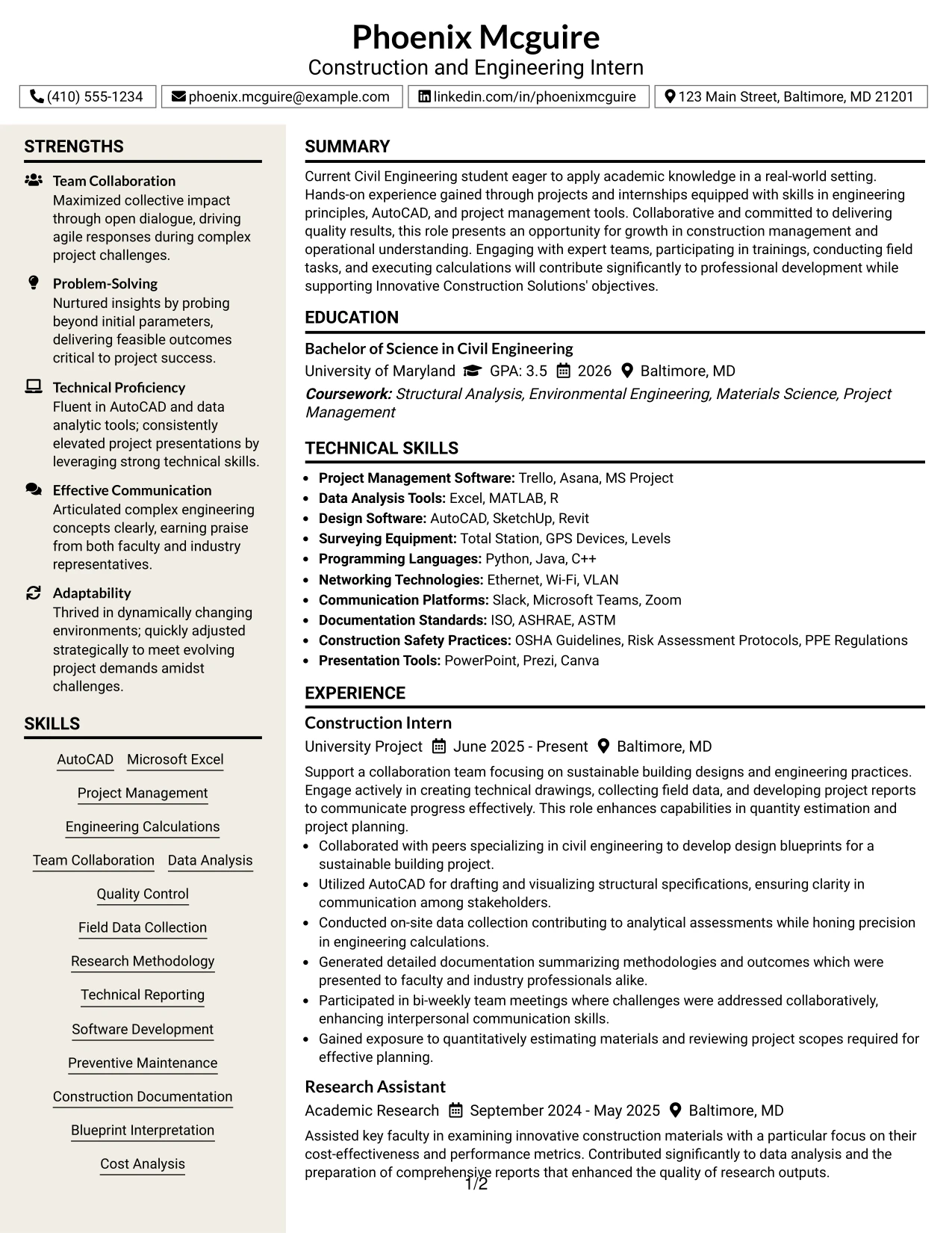 Resume Example Page 1