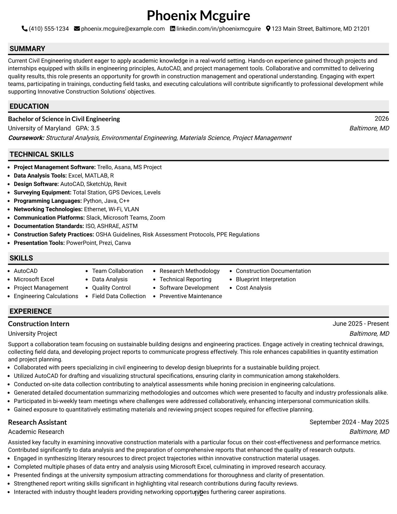 Resume Example Page 1
