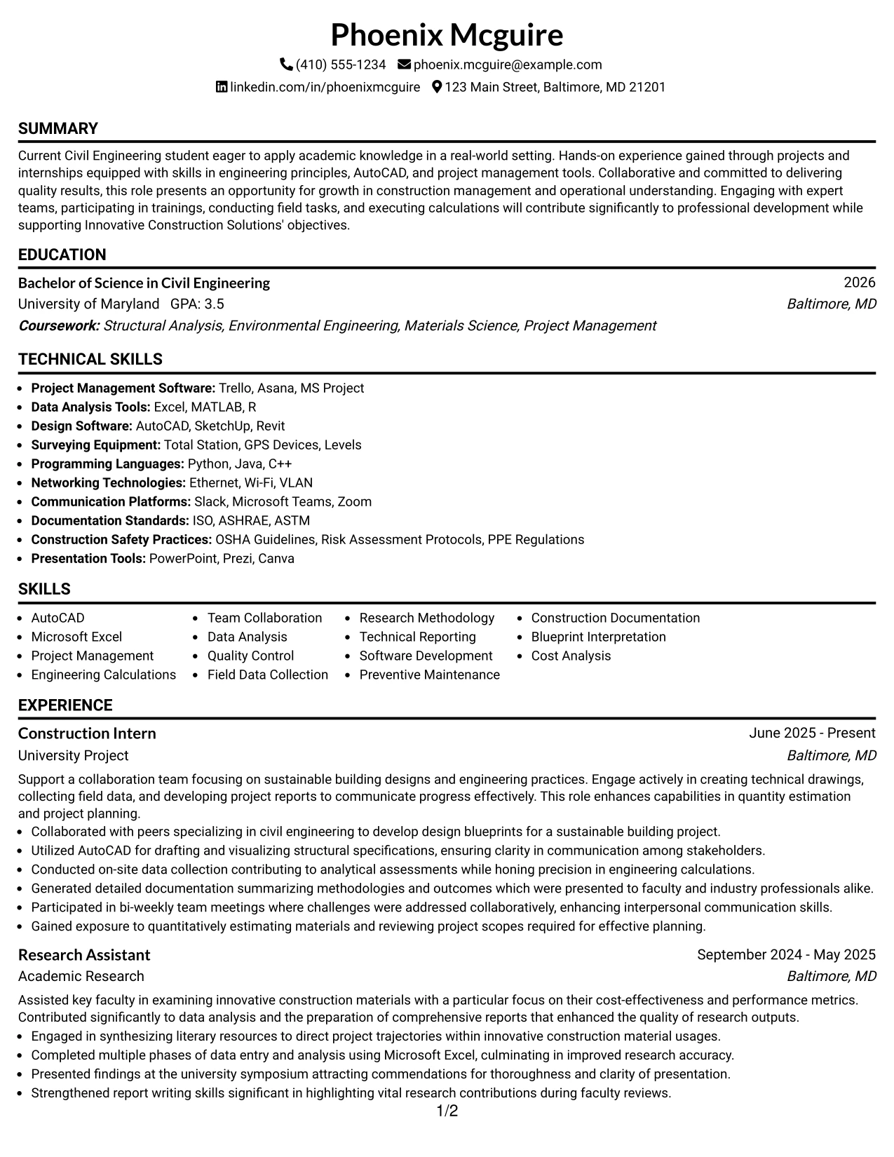 Resume Example Page 1