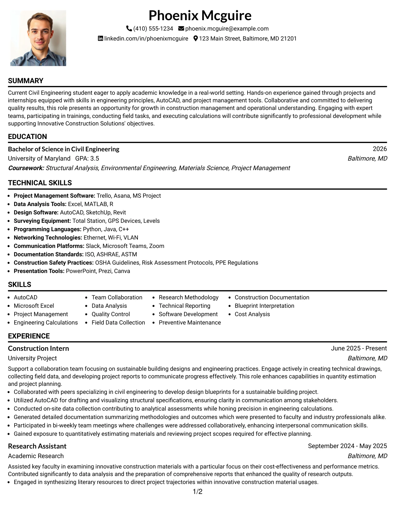 Resume Example Page 1