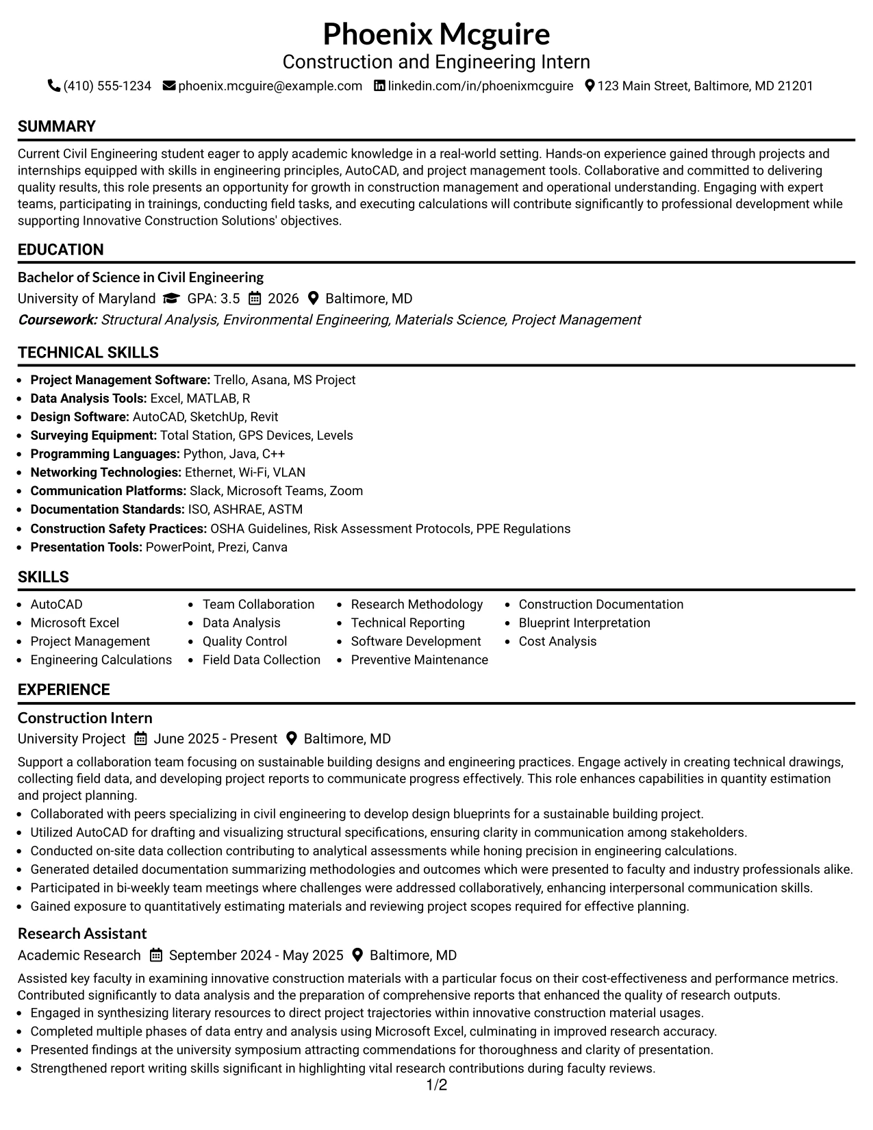 Resume Example Page 1