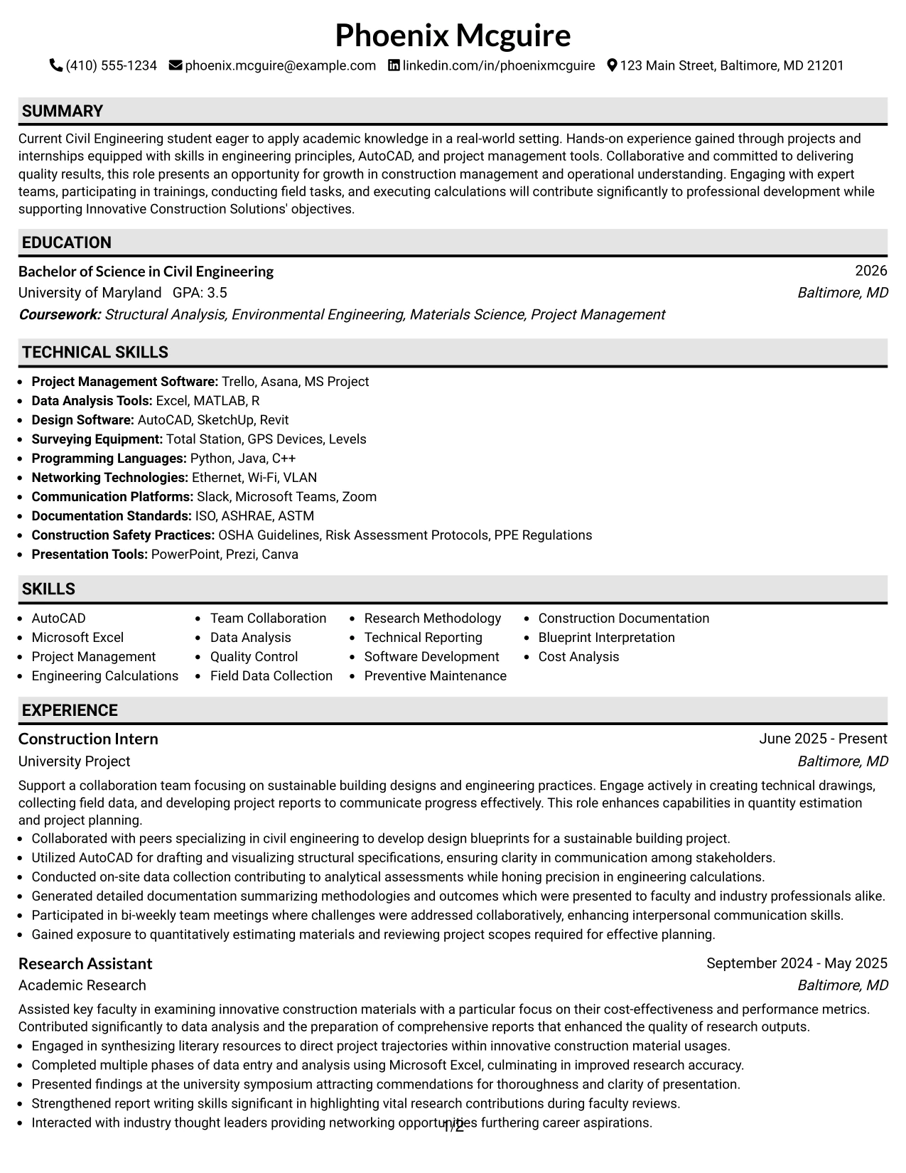 Resume Example Page 1