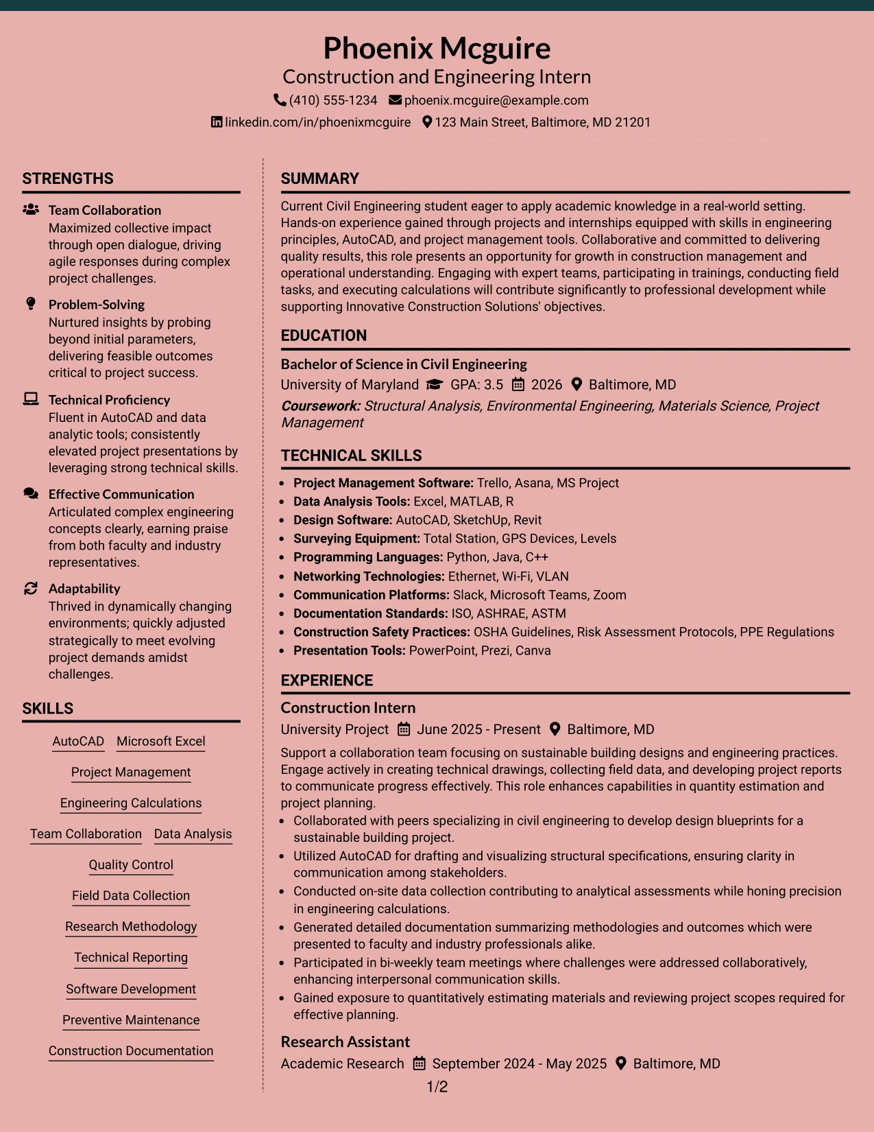 Resume Example Page 1