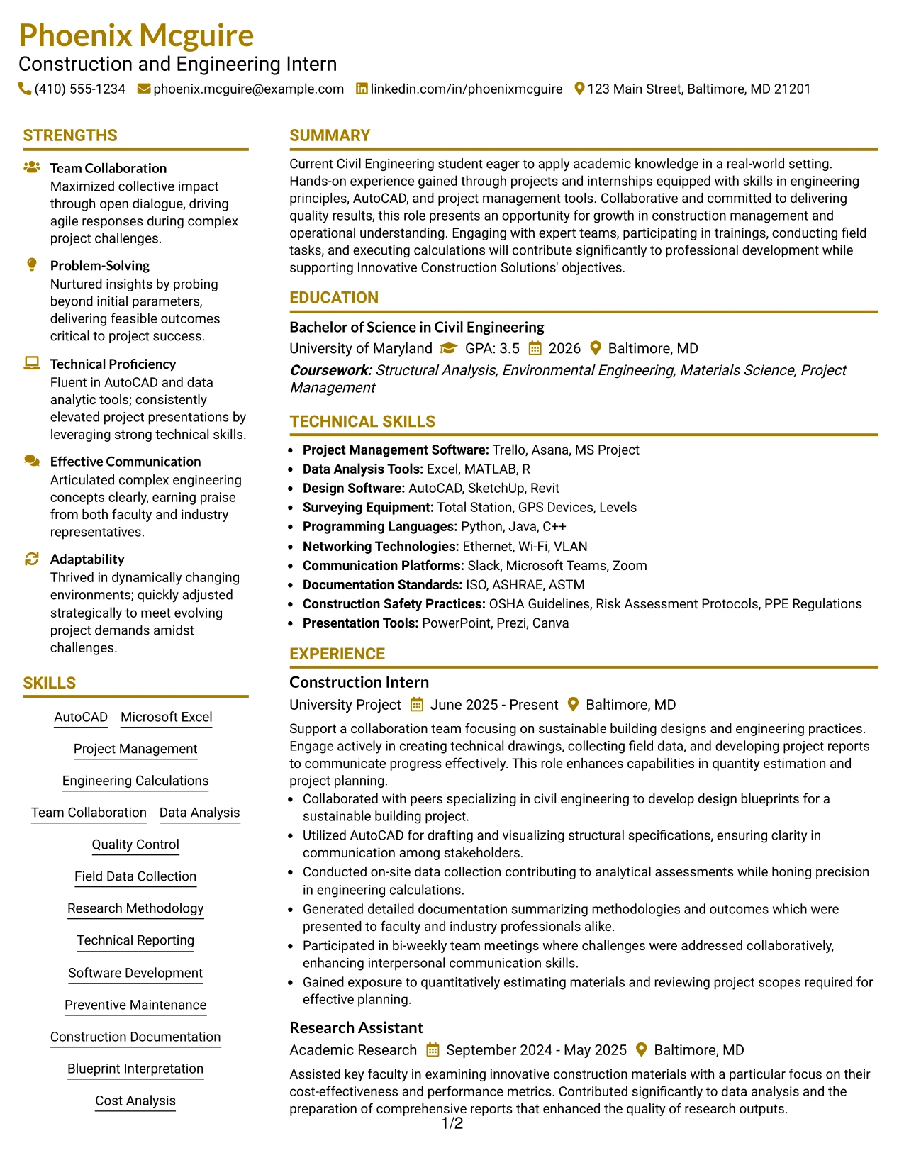 Resume Example Page 1
