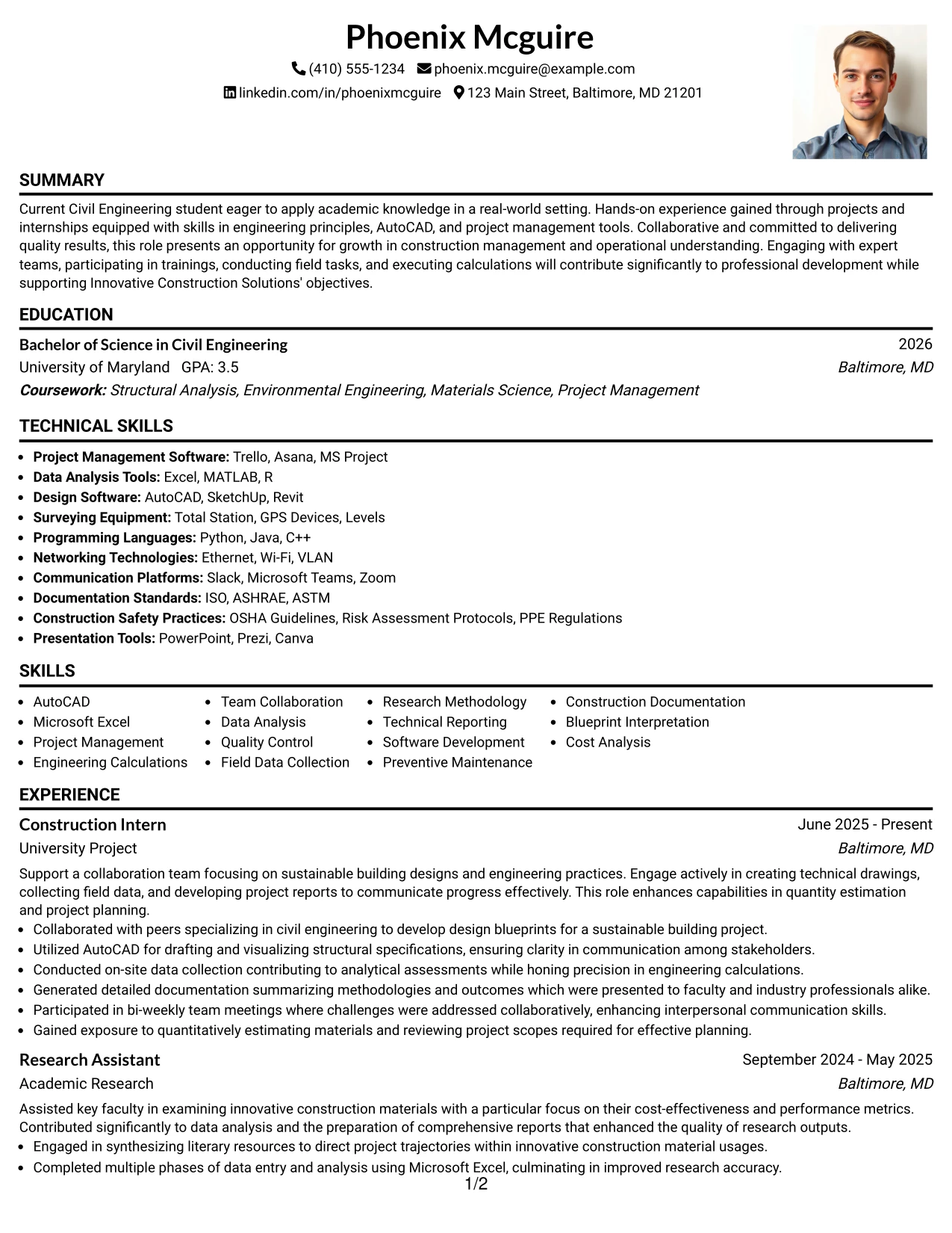 Resume Example Page 1