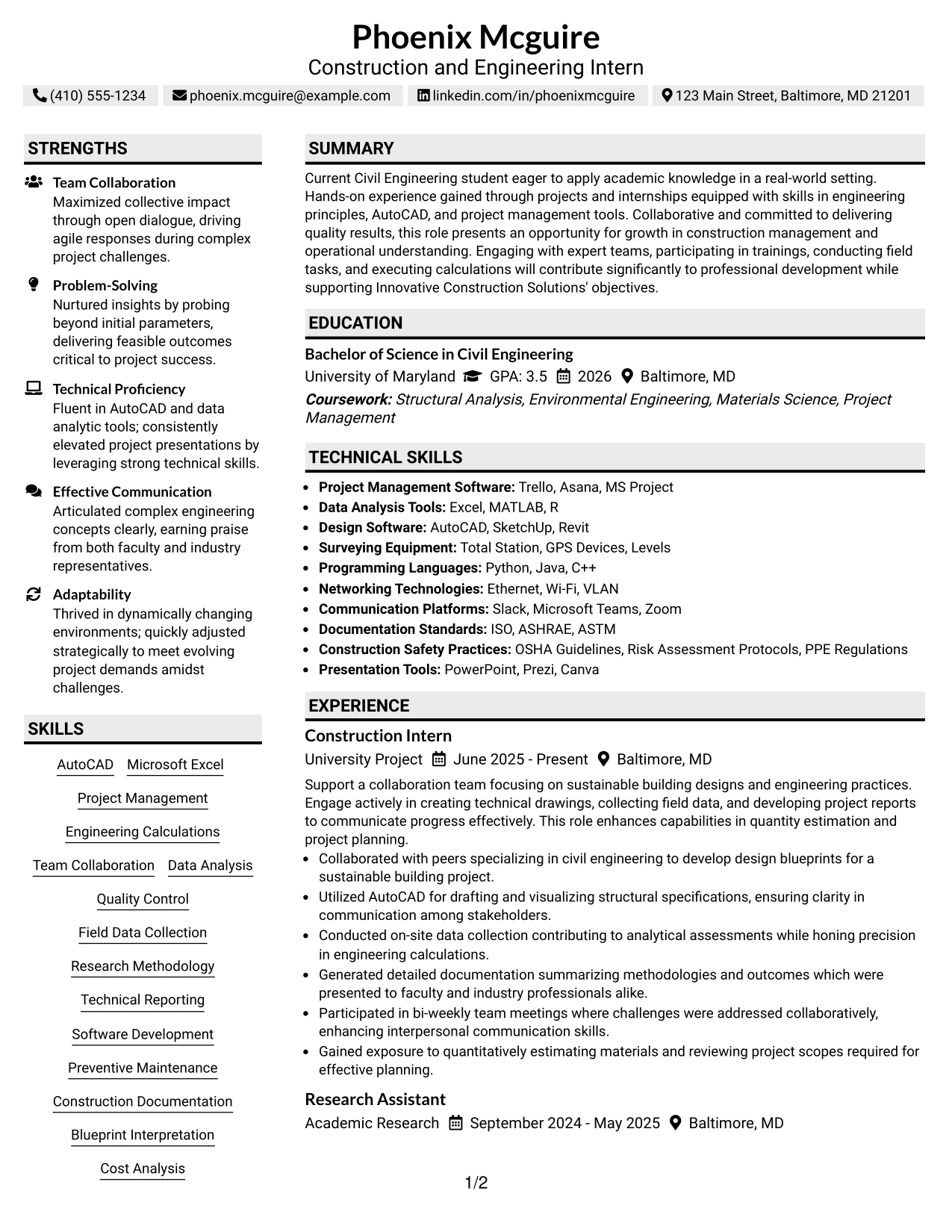 Resume Example Page 1