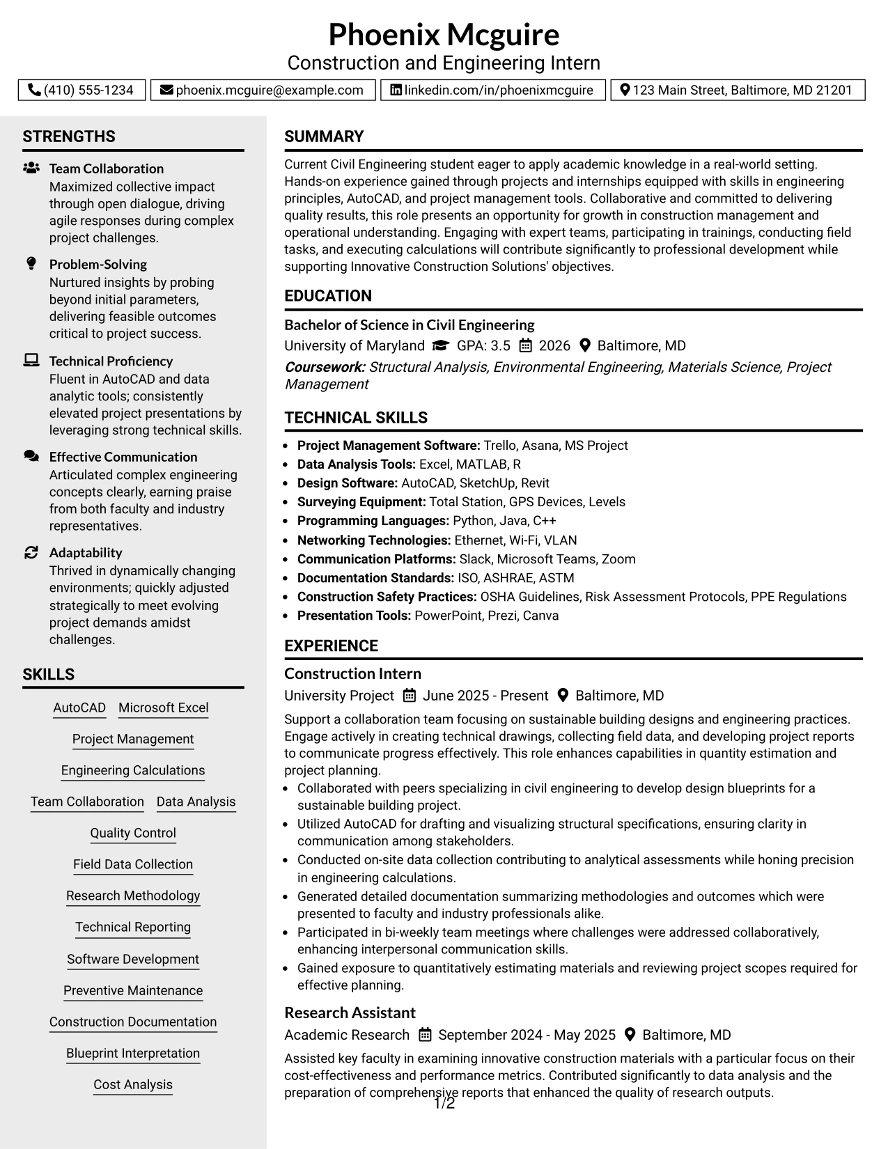 Resume Example Page 1