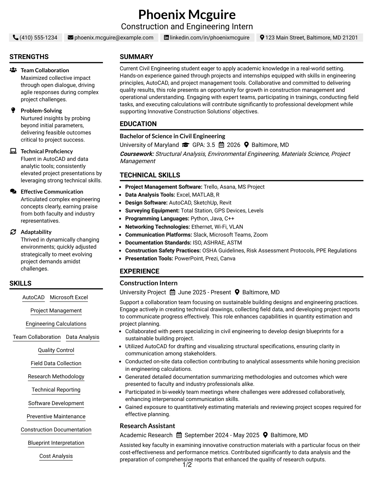 Resume Example Page 1
