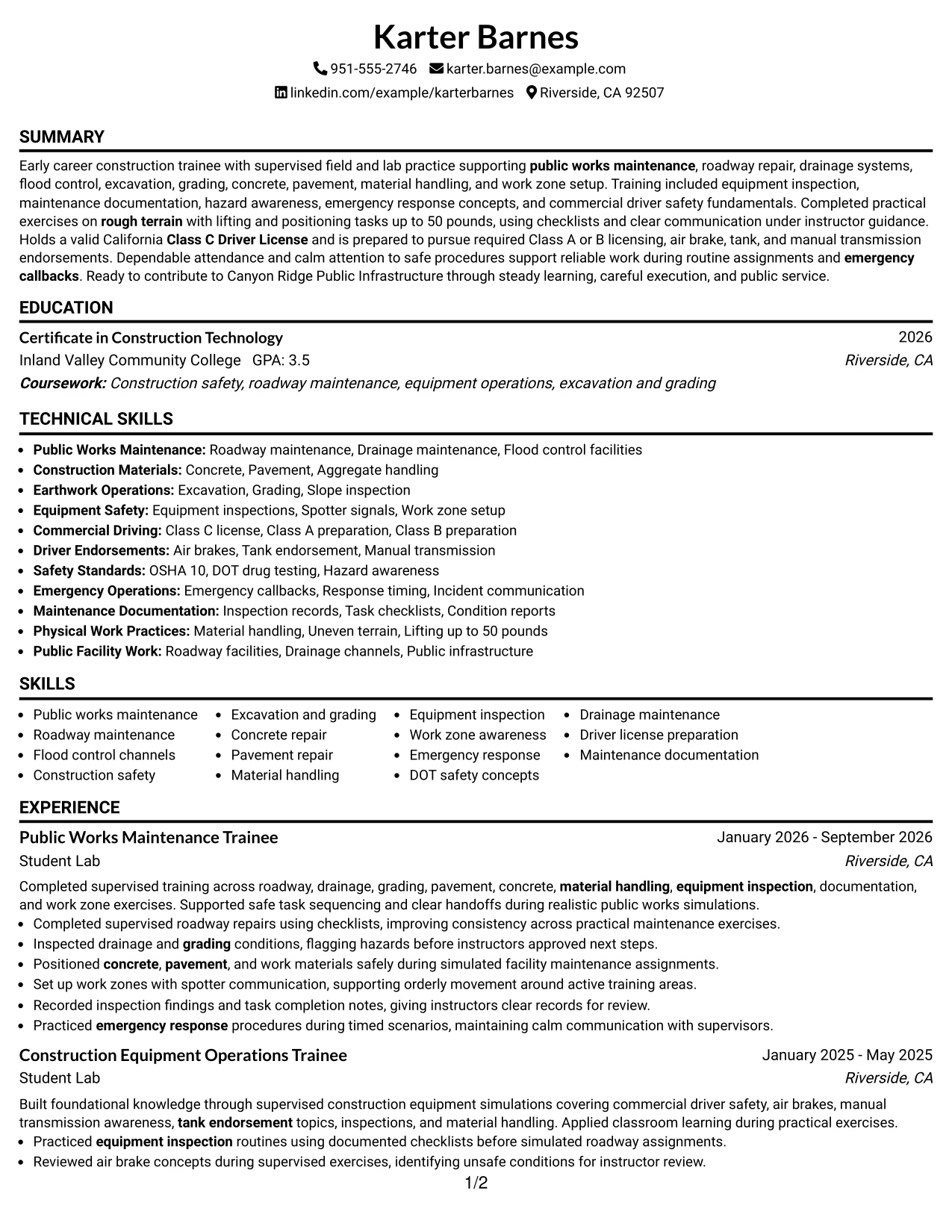 Resume Example Page 1
