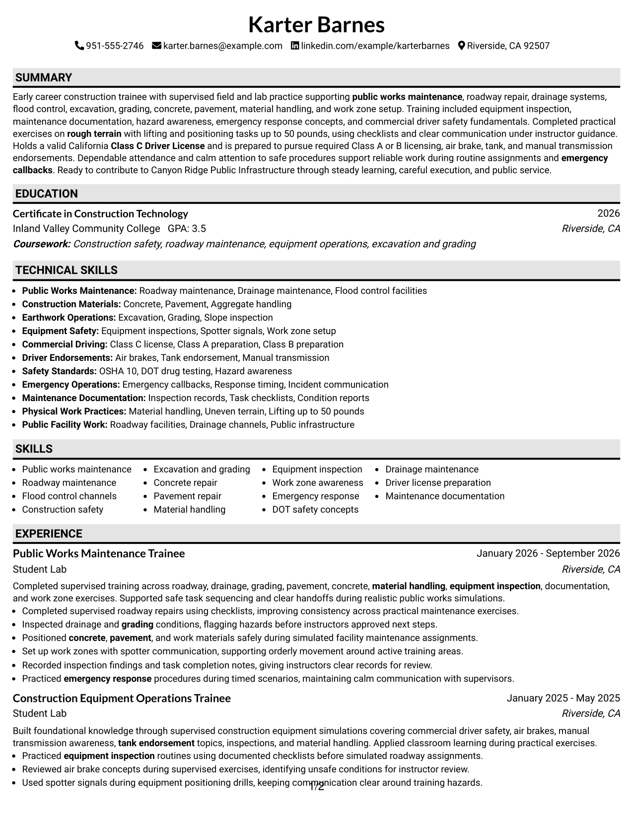 Resume Example Page 1