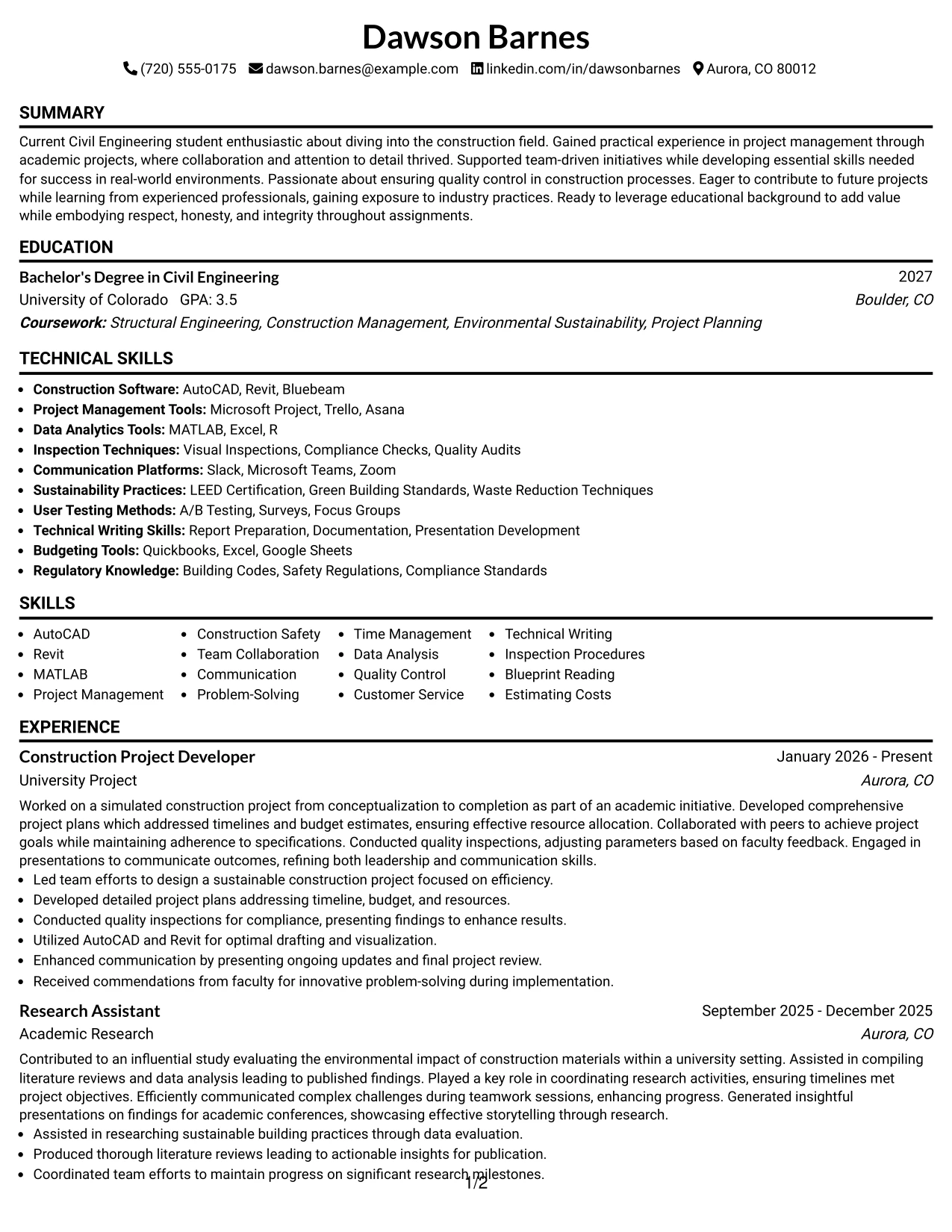 Resume Example Page 1