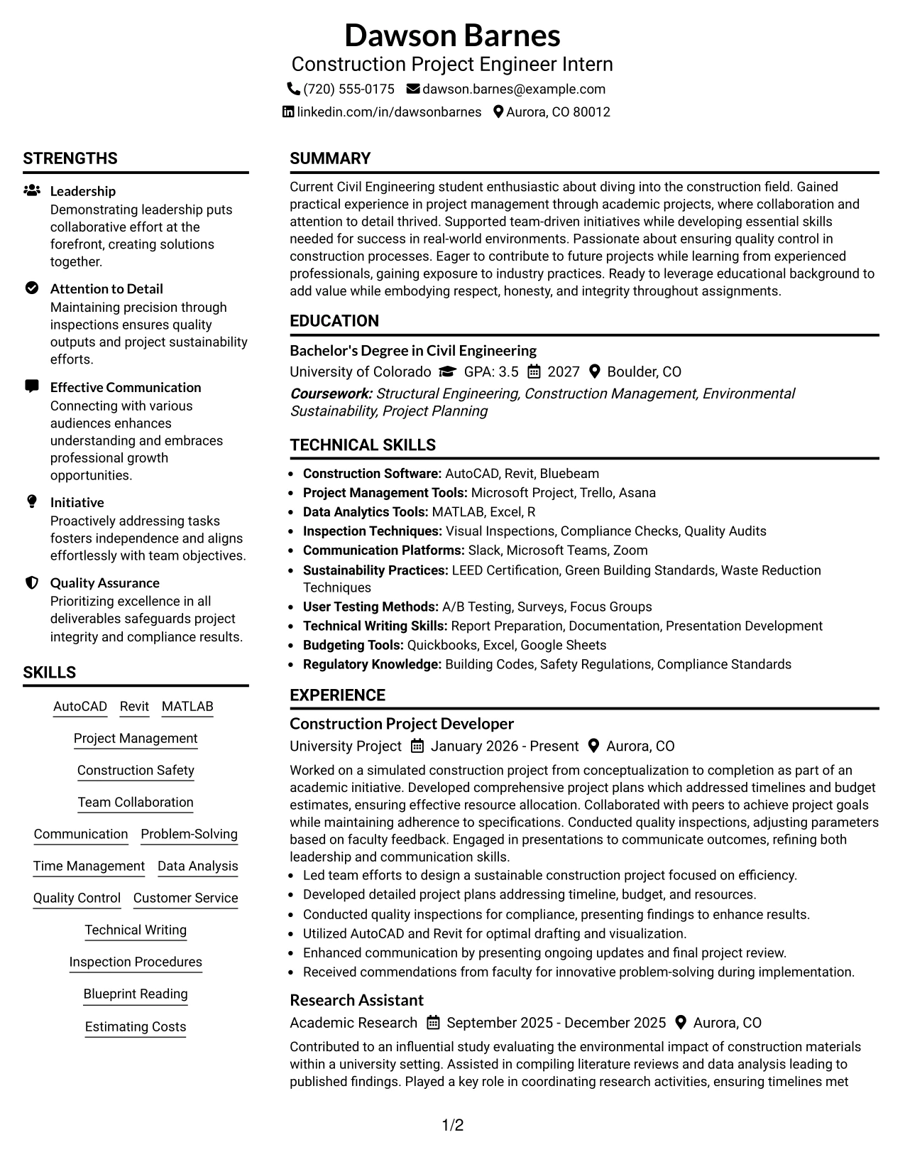 Resume Example Page 1