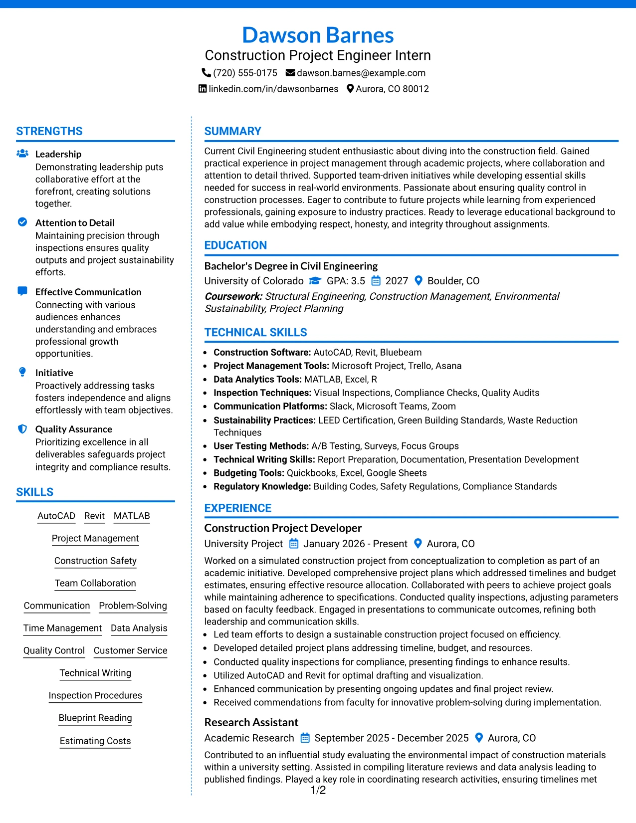 Resume Example Page 1