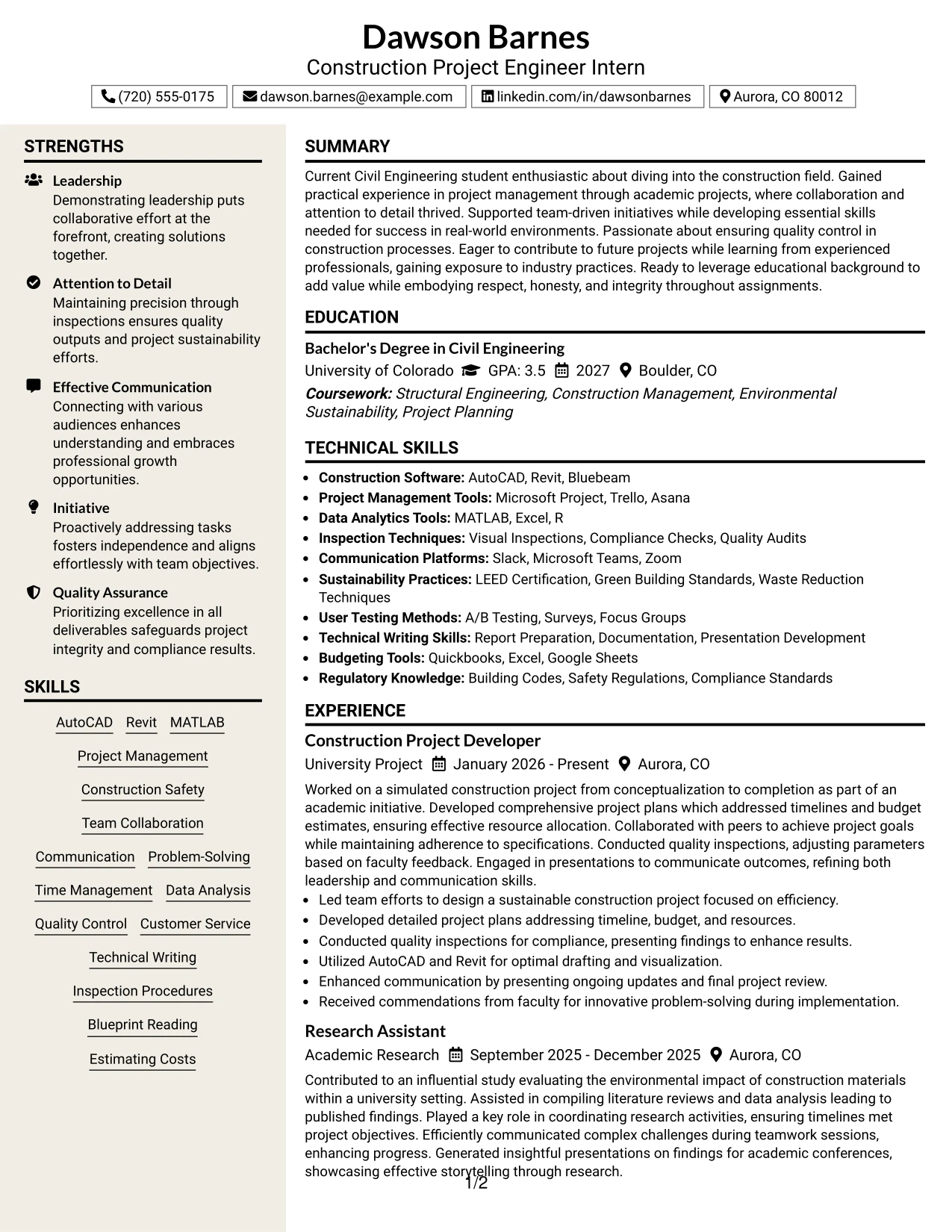 Resume Example Page 1