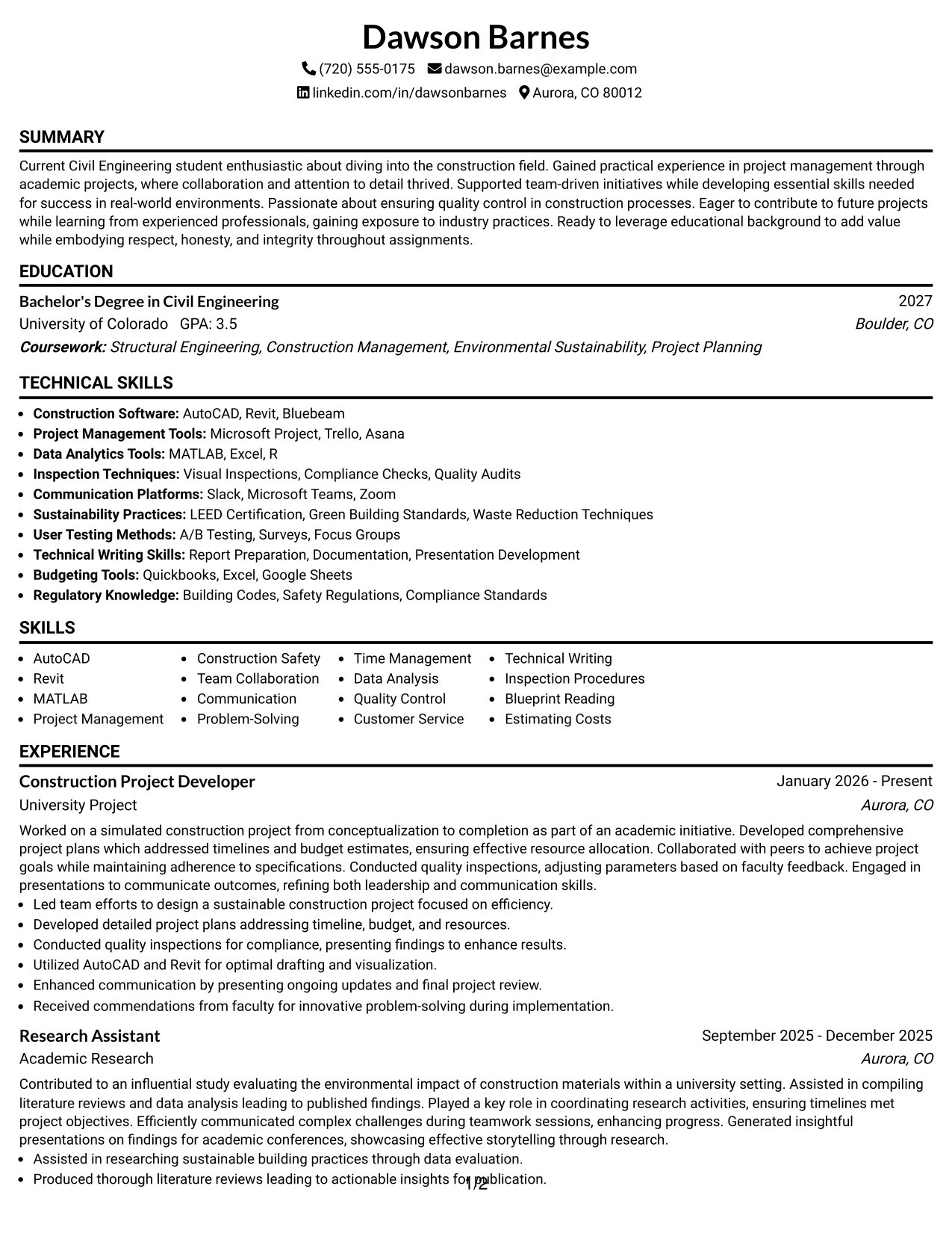 Resume Example Page 1