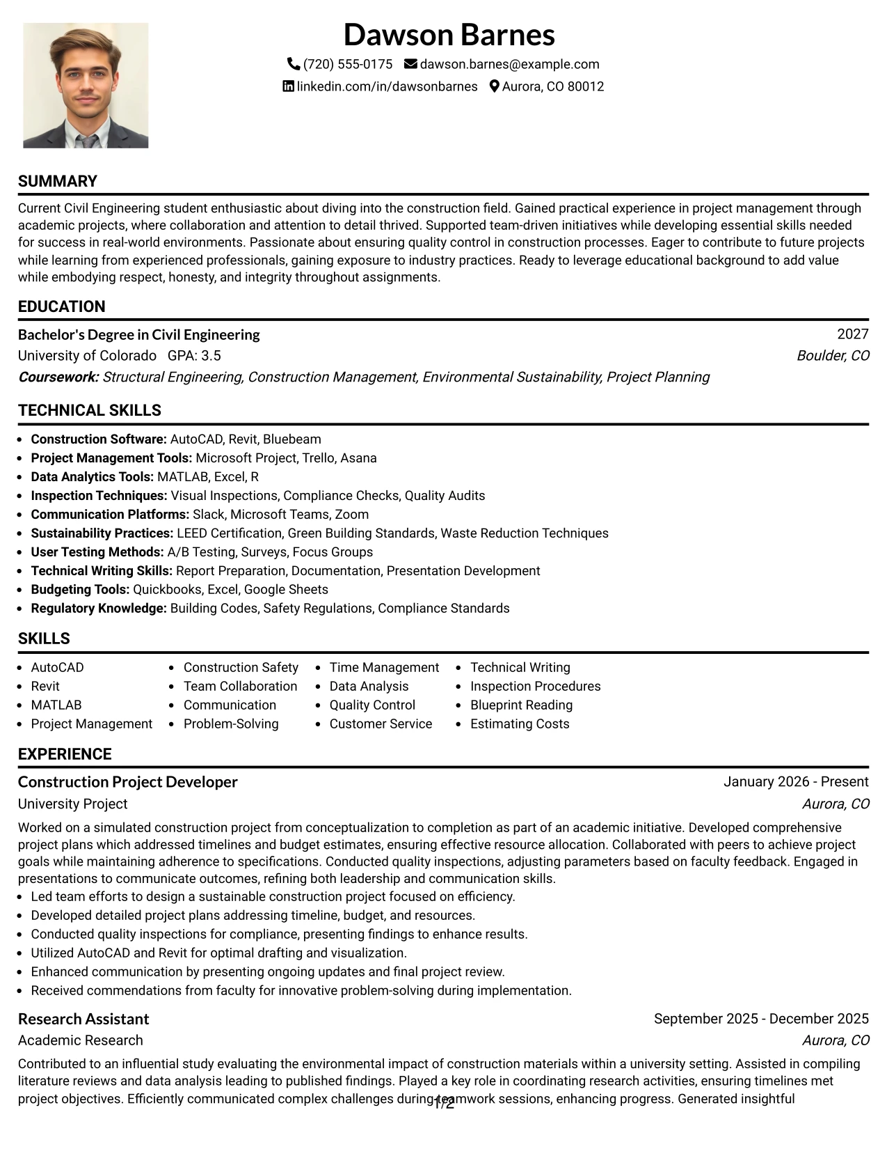 Resume Example Page 1