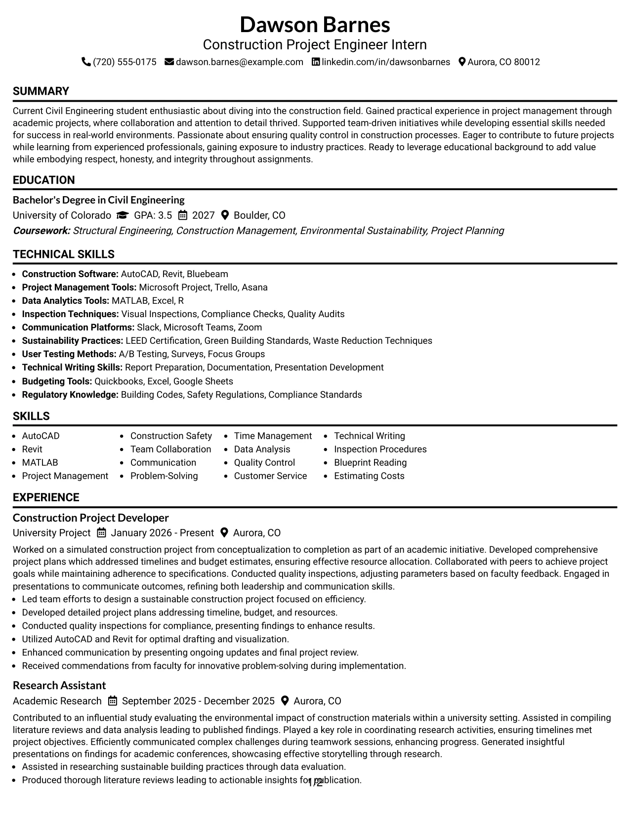 Resume Example Page 1