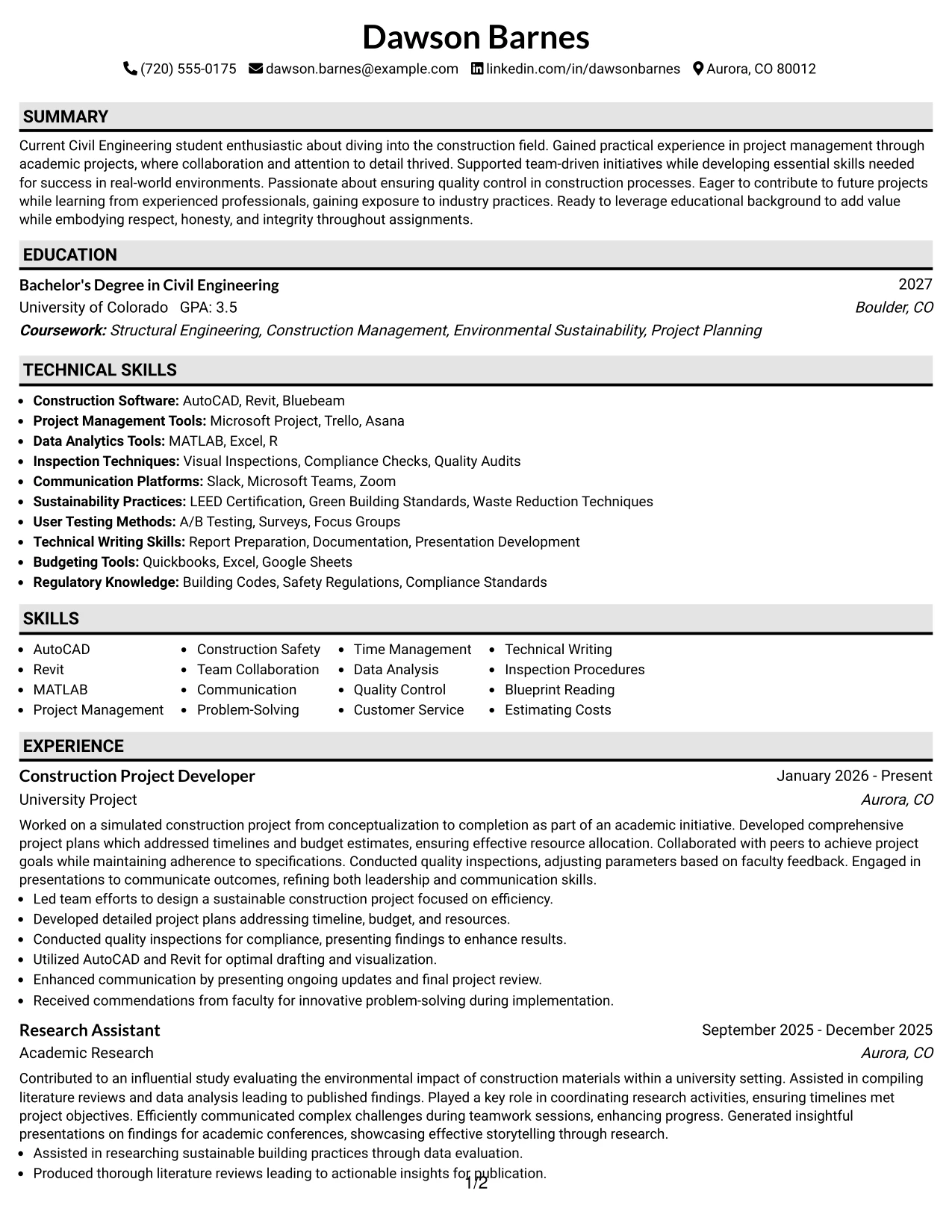Resume Example Page 1
