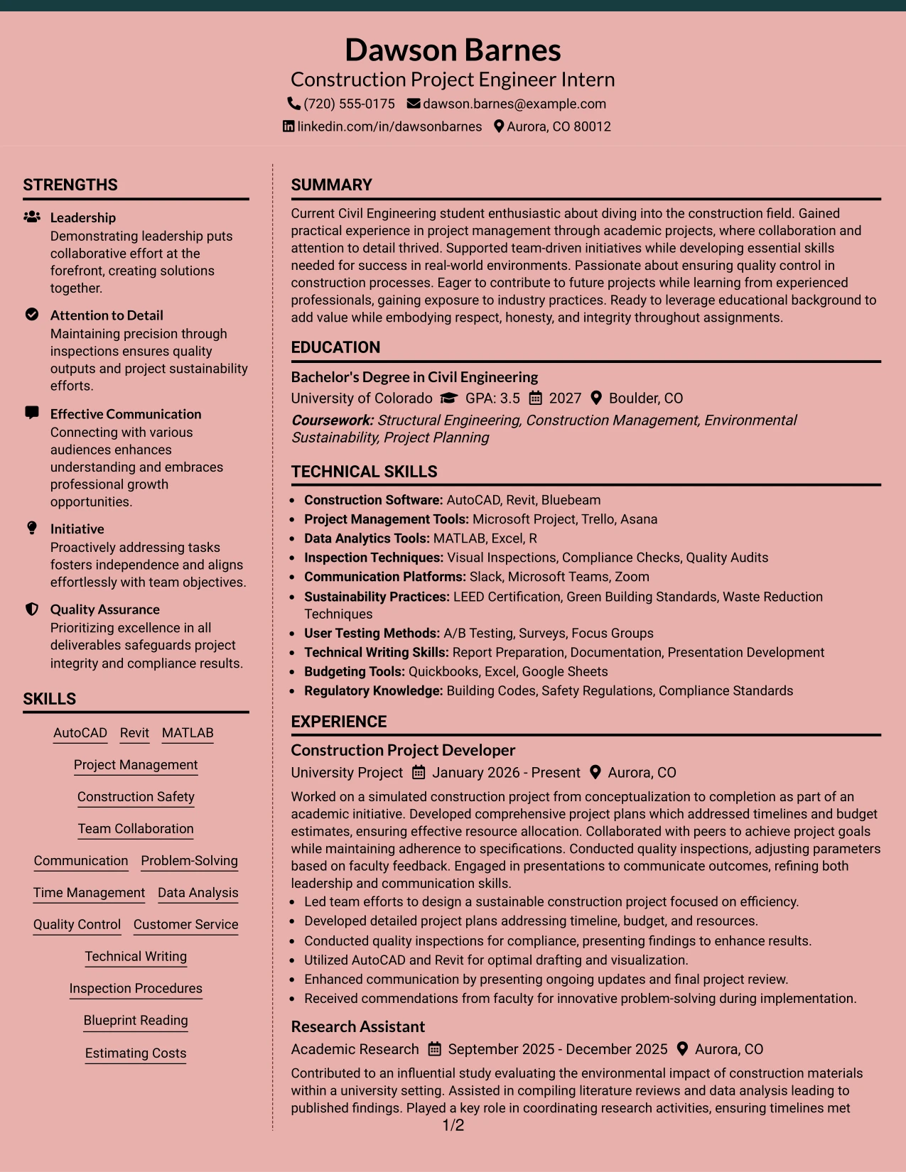 Resume Example Page 1