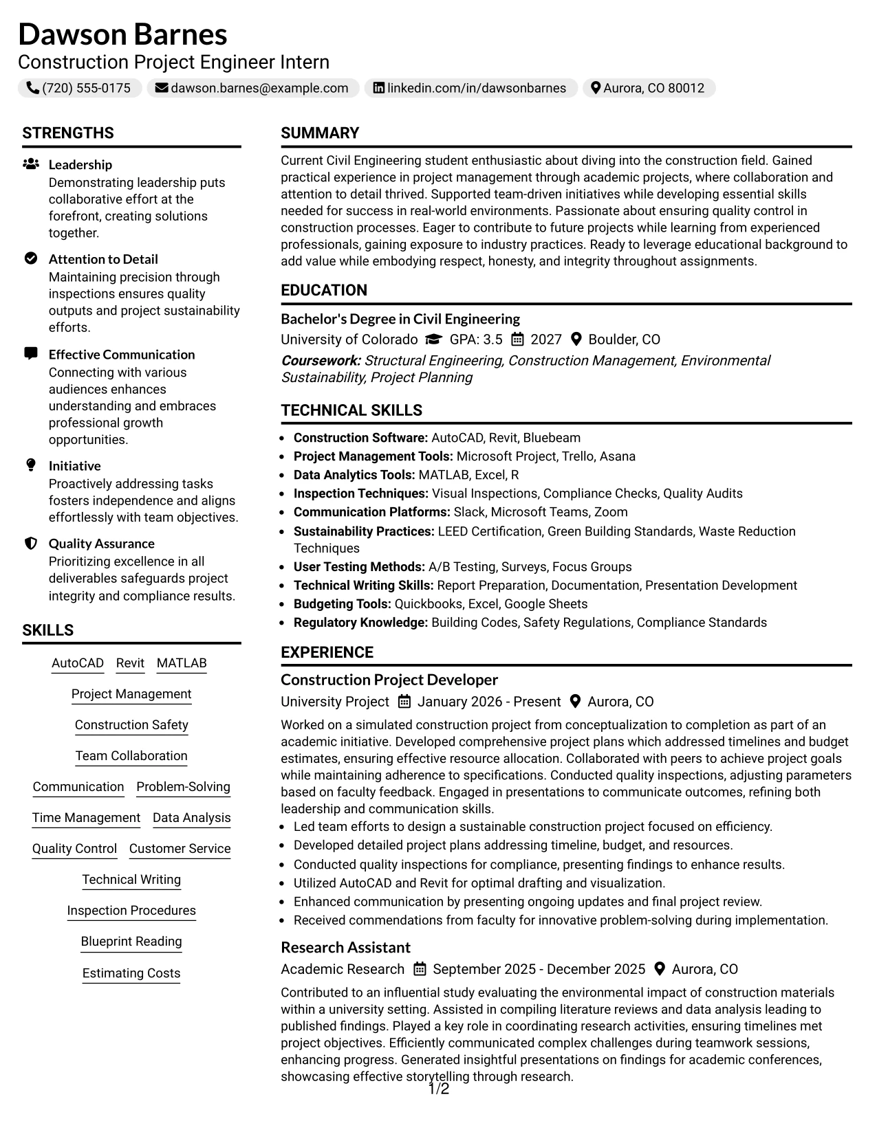 Resume Example Page 1