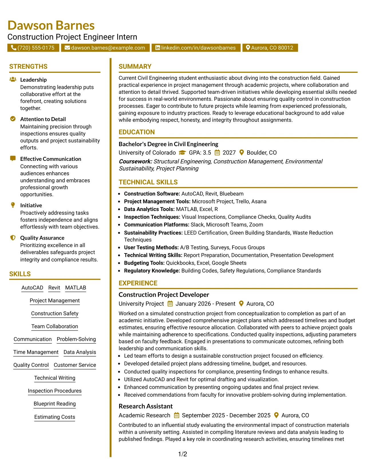 Resume Example Page 1