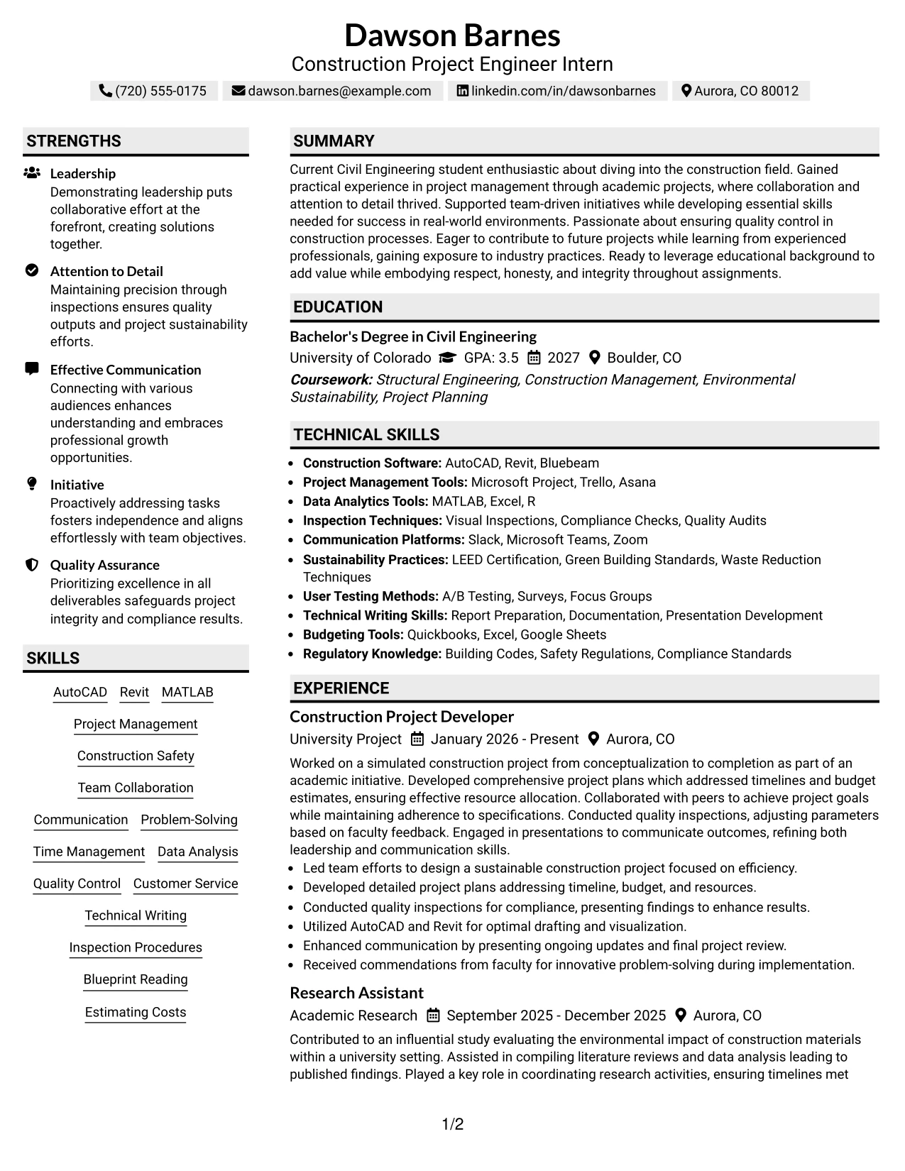 Resume Example Page 1