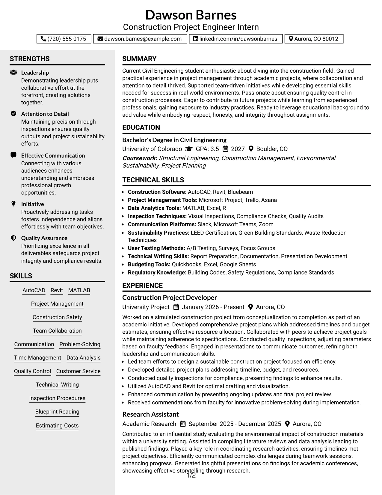 Resume Example Page 1