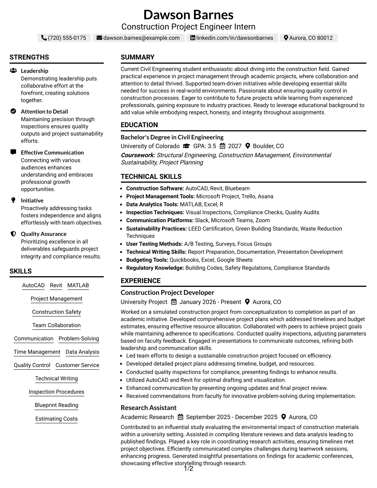 Resume Example Page 1