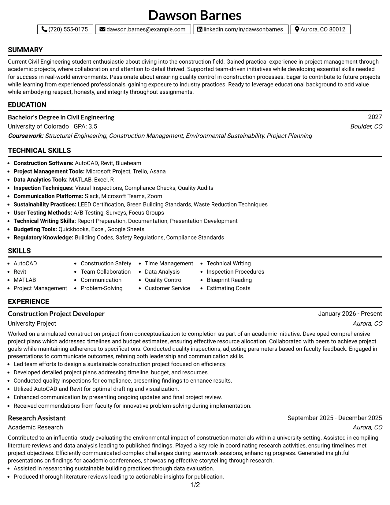 Resume Example Page 1