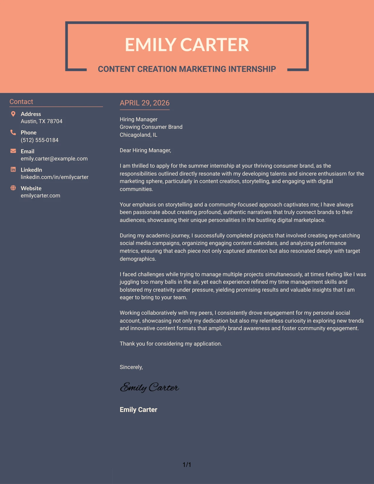 Content Creation Marketing Internship Cover Letter Example Creative Two Tone Format