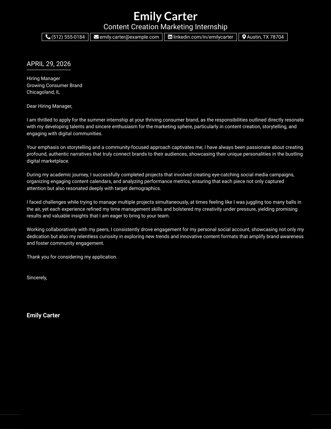 Content Creation Marketing Internship Cover Letter Example Dark Mode Box Header Format